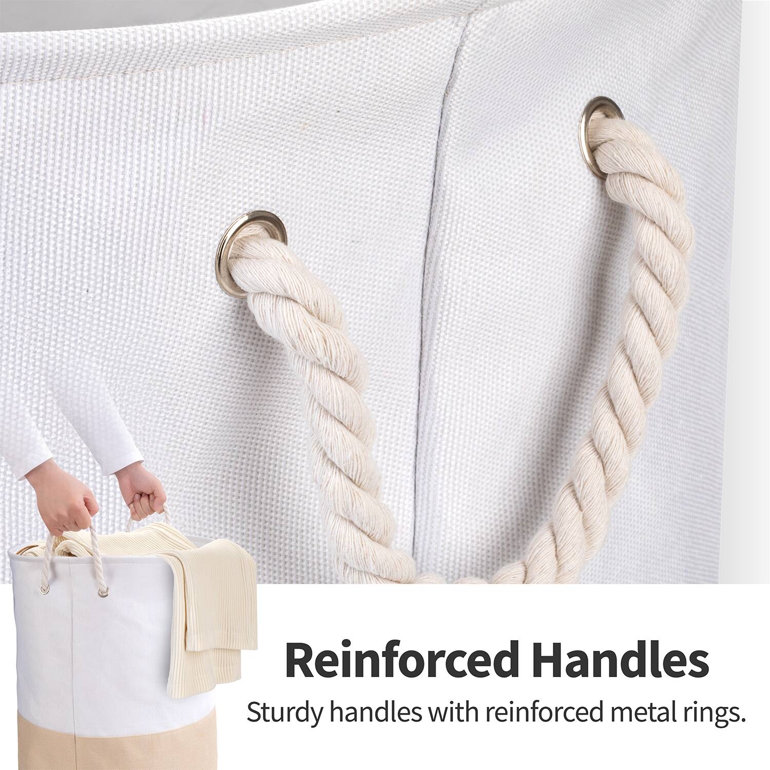 Reinforced Handles  
Sturdy handles with reinforced metal rings.