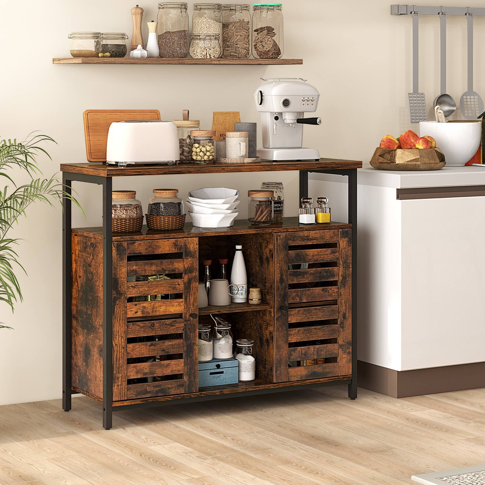 Alt View 8. Ecooso - Buffet Cabinet Industrial Sideboard Storage Cabinet with Slatted Door and 3 Adjustable Shelves - Brown.