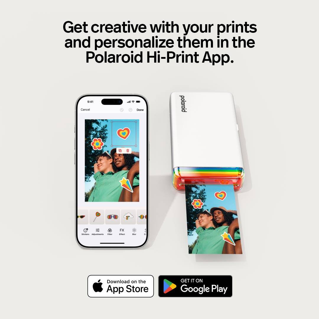 Get creative with your prints and personalize them in the Polaroid Hi-Print App. 9:41 Cancel 1 Done polaroid stickers AmEnts i FX -.. - Download on the App Store GET IT ON Google Play