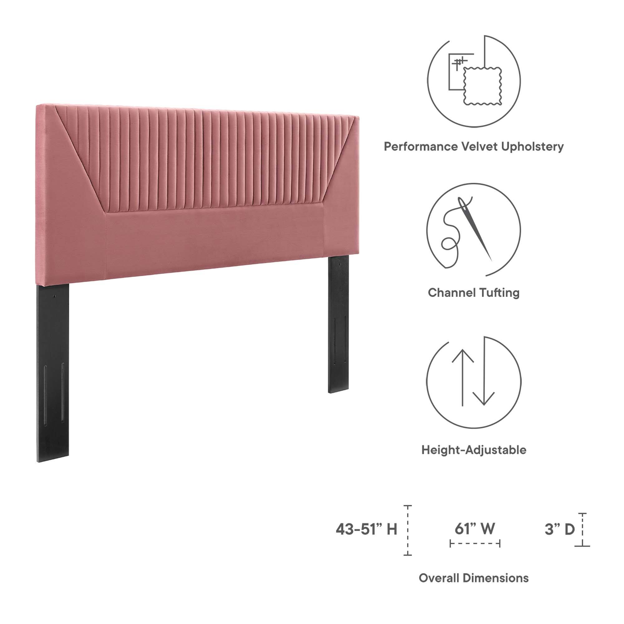 Performance Velvet Upholstery  
Channel Tufting  
Height-Adjustable  

Overall Dimensions:  
43-51" H  
61" W  
3" D