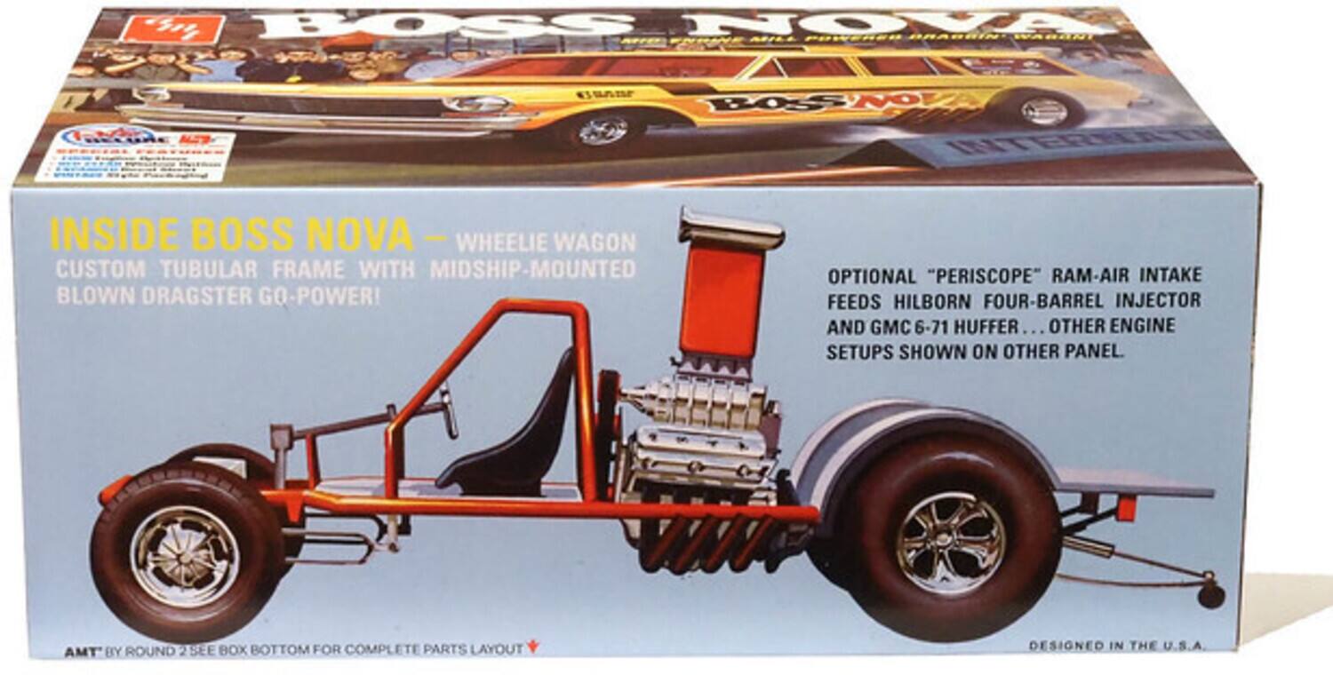 Inside Boss Nova - Wheelie Wagon  
Custom Tubular Frame with Midship-Mounted Blown Dragster Go-Power!  
Optional "Periscope" Ram-Air Intake Feeds Hilborn Four-Barrel Injector and GMC 6-71 Huffer... Other Engine Setups Shown on Other Panel.  
AMT by Round 2 See Box Bottom for Complete Parts Layout  
Designed in the U.S.A.