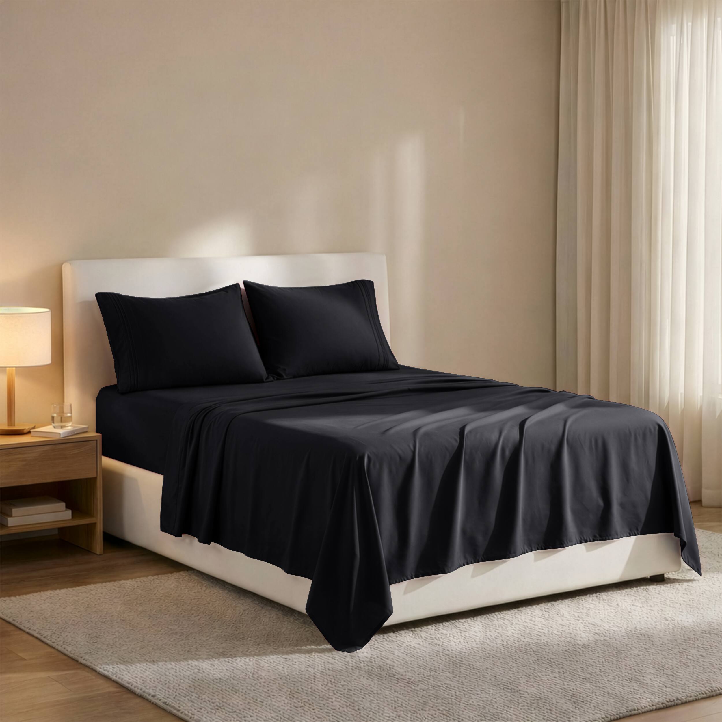 Angle. Lux Decor Collection - 4-Piece King Bed Sheet Set, Ultra Soft Microfiber, Deep Pocket, Wrinkle-Resistant, Hypoallergenic, All-Season Comfort - Black.