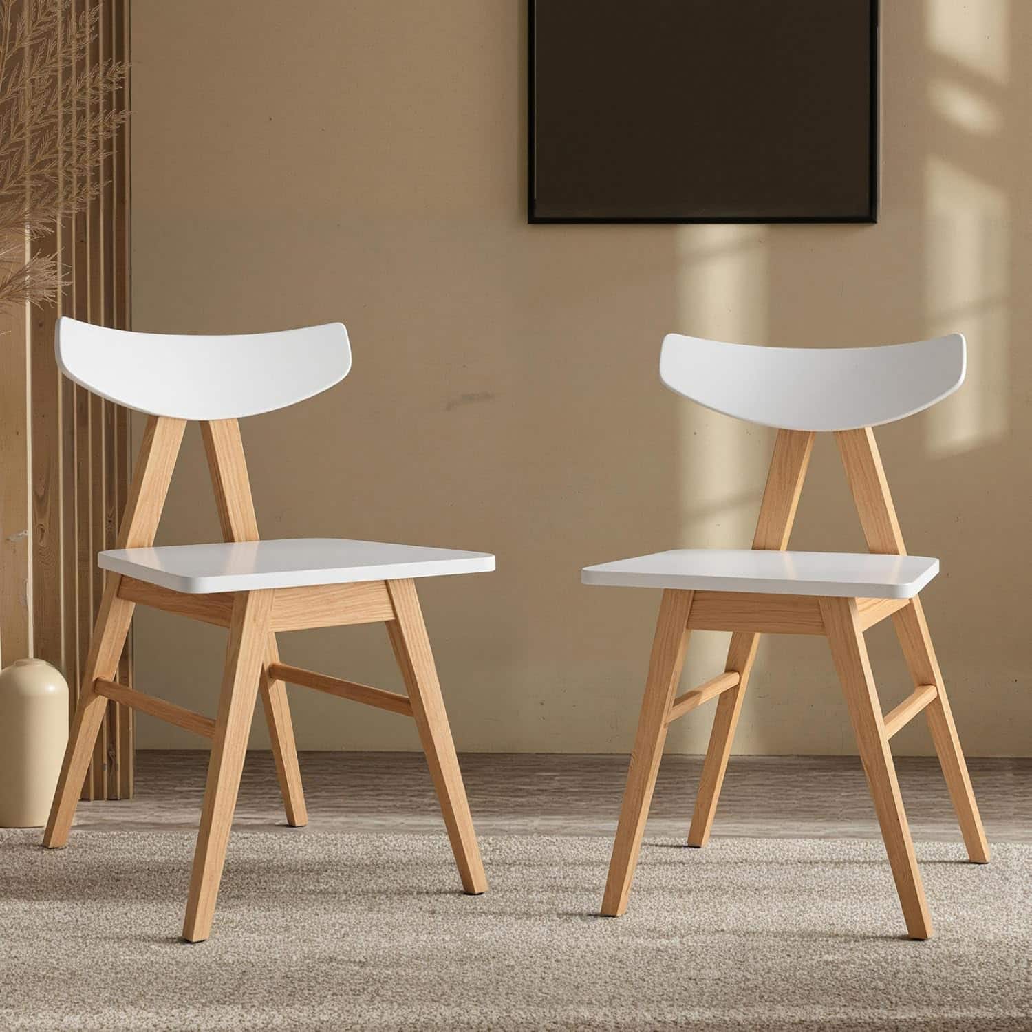 Acanva - Modern Dining Chairs Set of 2 with Solid Wooden Frame, Mid Century Accent Chair for Kitchen Restaurant, Oak - Oak and White