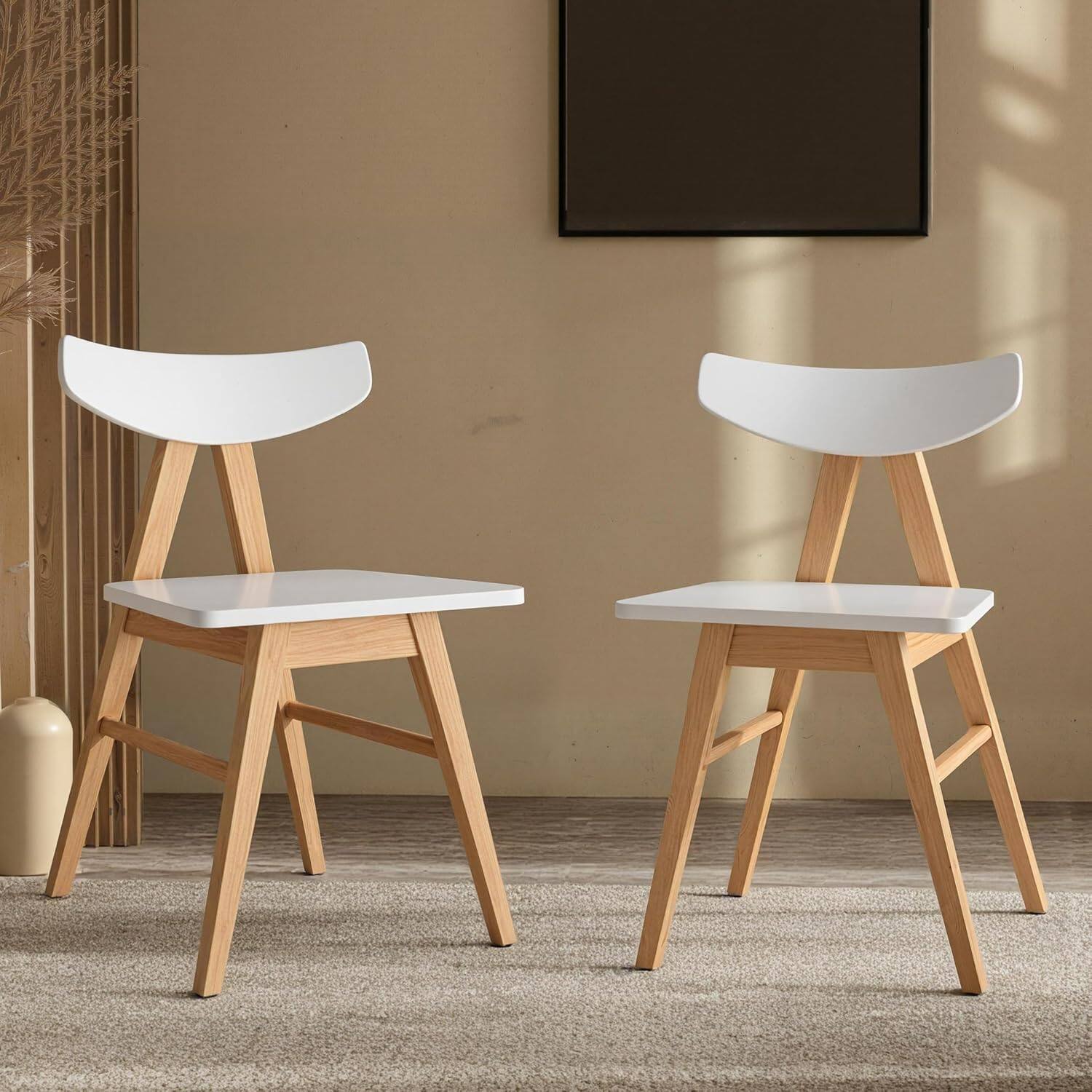 Front. Acanva - Modern Dining Chairs Set of 2 with Solid Wooden Frame, Mid Century Accent Chair for Kitchen Restaurant, Oak - Oak and White.