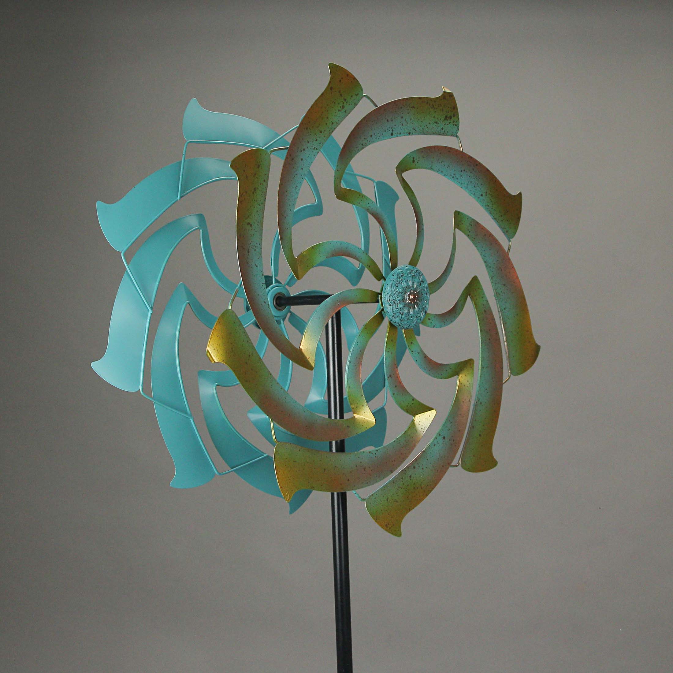 Alt View 2. Direct International - Colorful Teal and Yellow Finish Dual Flower Metal Wind Spinner Garden Stake 70 Inches High - Teal.
