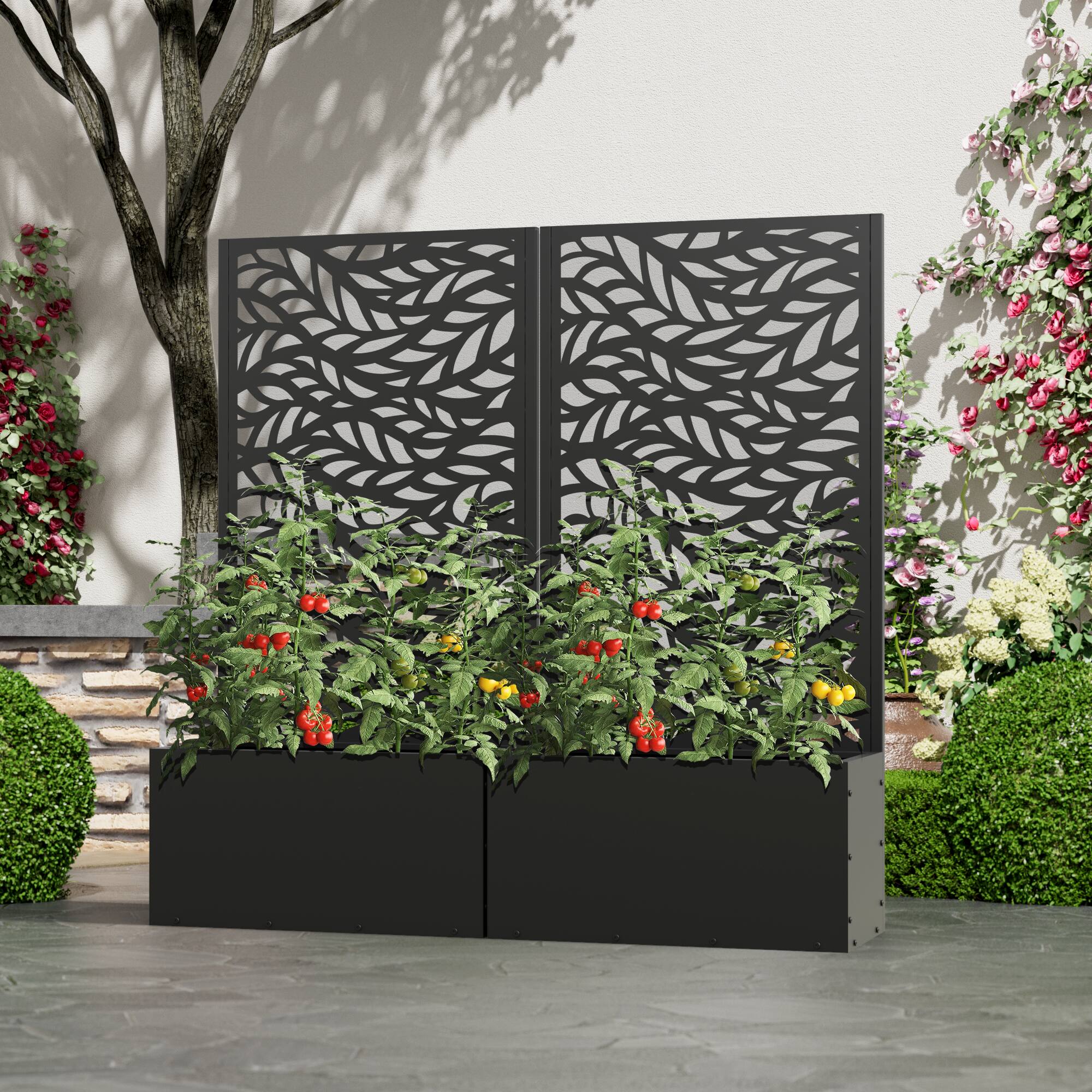 Alt View 1. PexFix - 47 in. H x 24 in. W Spring Pattern Rectangle Metal Planter Box Raised Garden Beds with Trellis-Ideal for Balcony - Black.