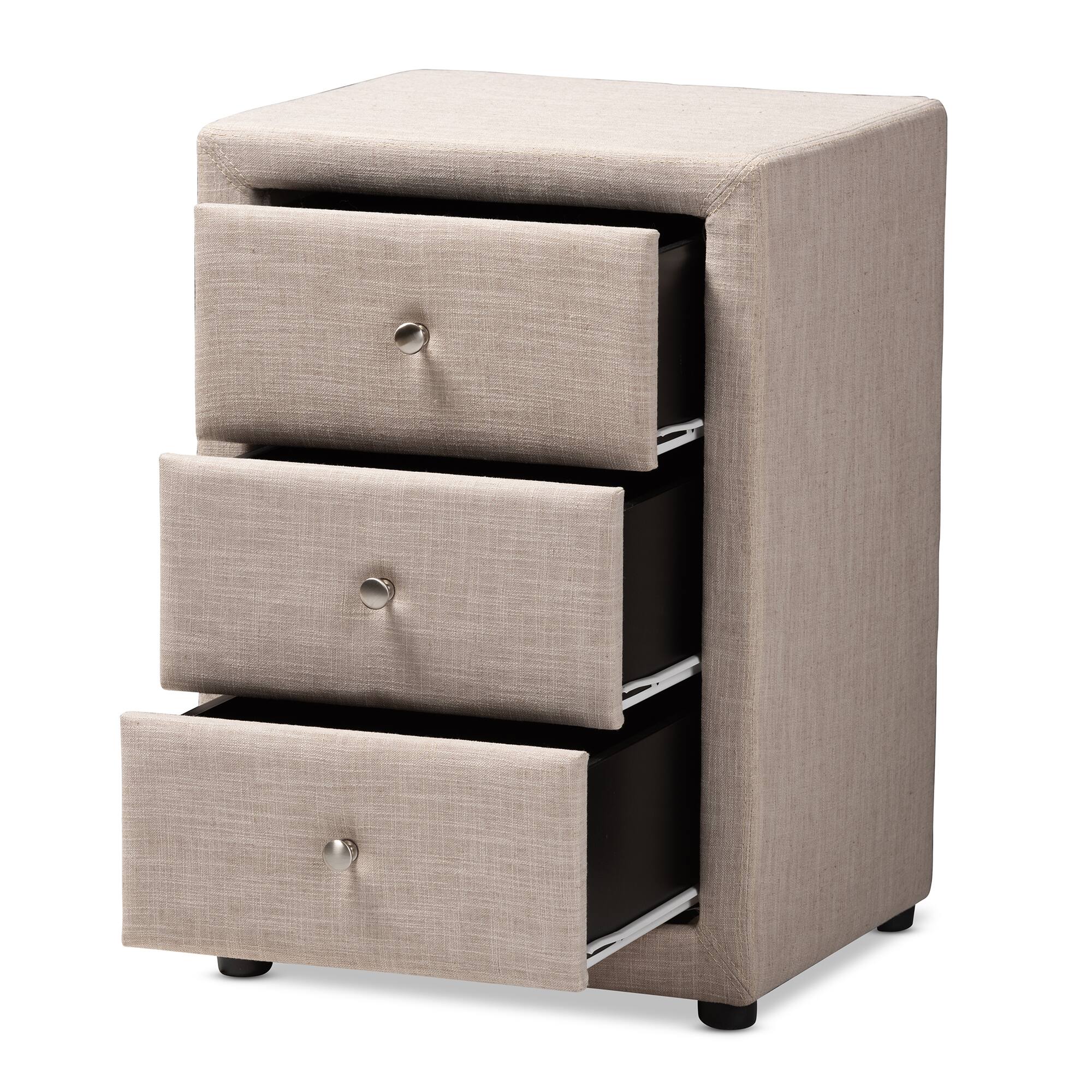 Angle. Baxton Studio - Tessa Modern and Contemporary Fabric Upholstered 3-Drawer Nightstand - Beige.