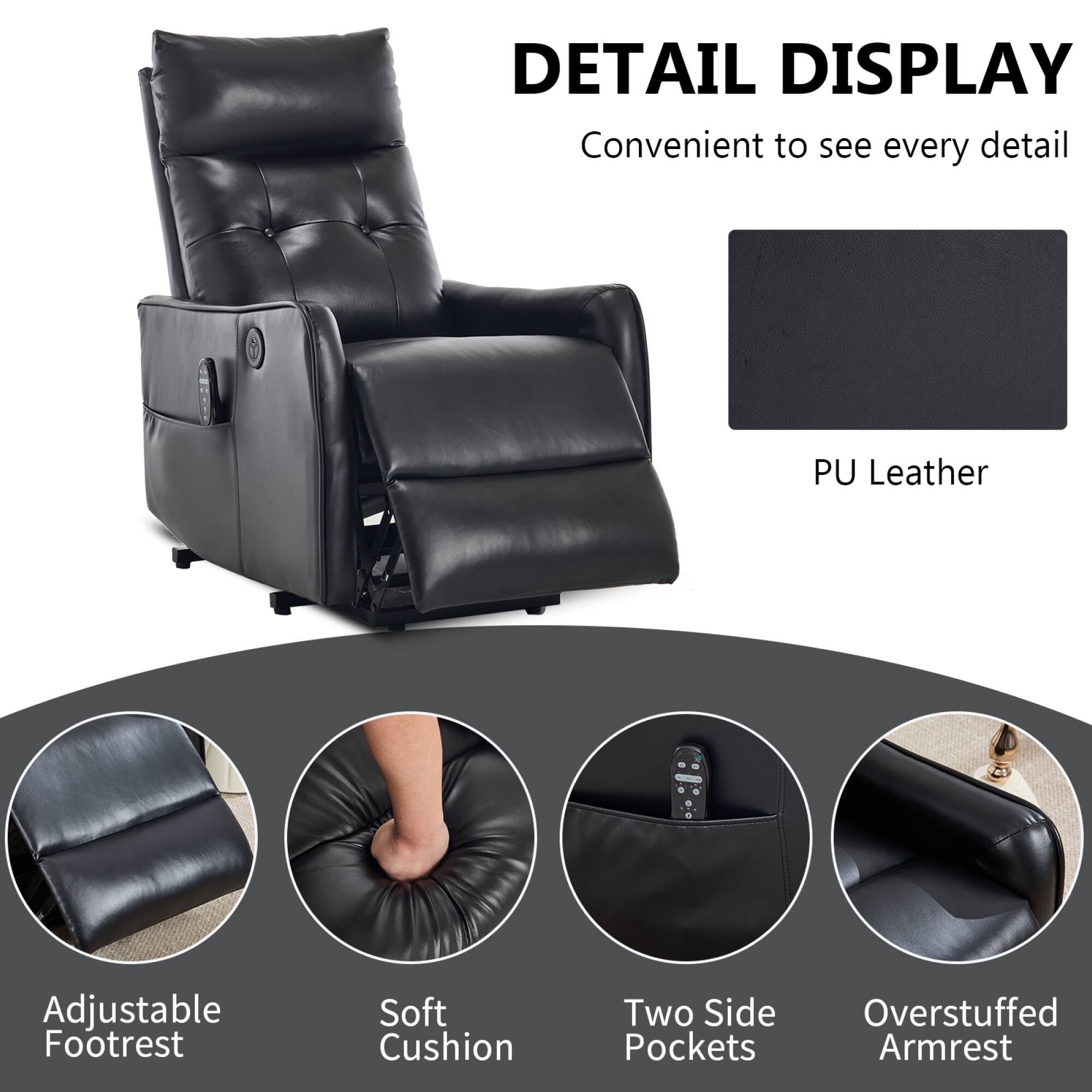 DETAIL DISPLAY  
Convenient to see every detail  

PU Leather  

Adjustable Footrest  
Soft Cushion  
Two Side Pockets  
Overstuffed Armrest