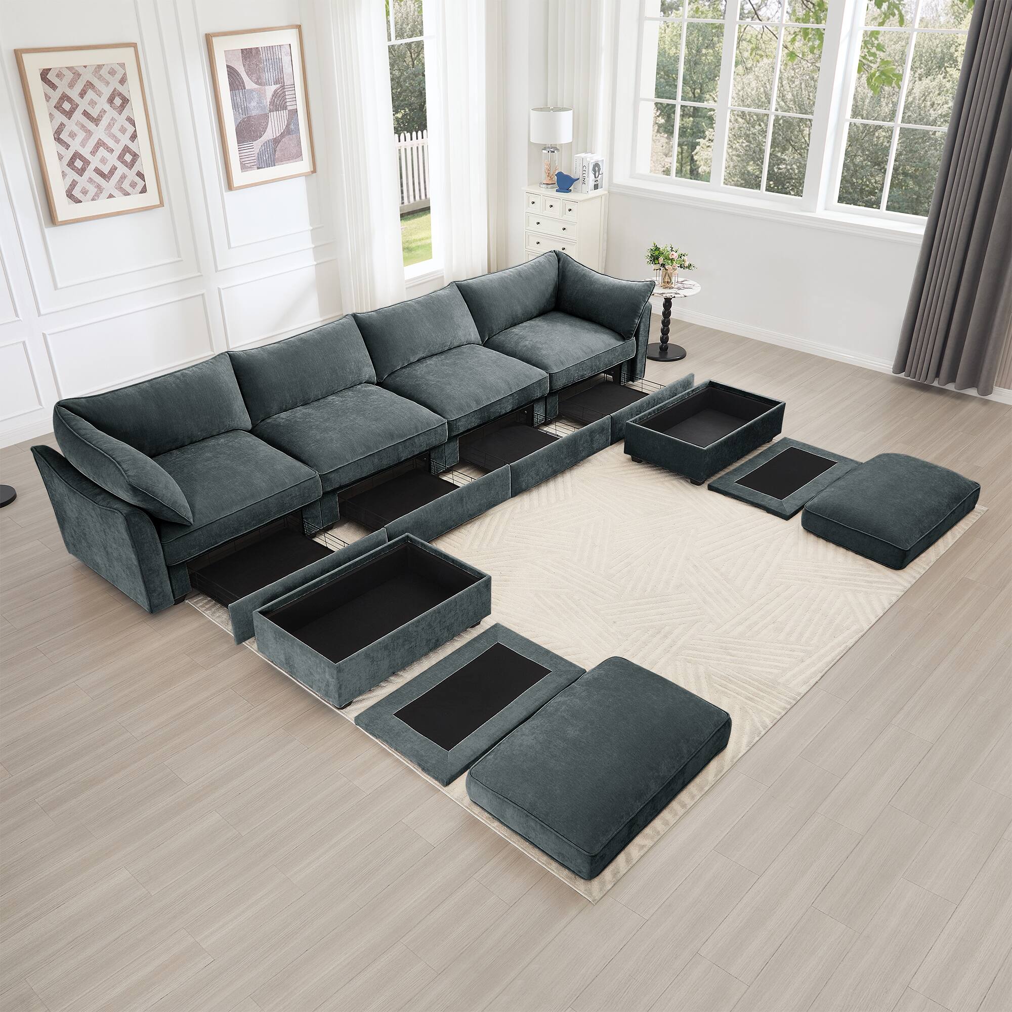 Left. Aukfa - U-Shaped 4-Seater Deep Seat Sofa with 2 Ottomans - 6-Seat Modular Sectional with Pull-Out Storage Drawers - Gray.