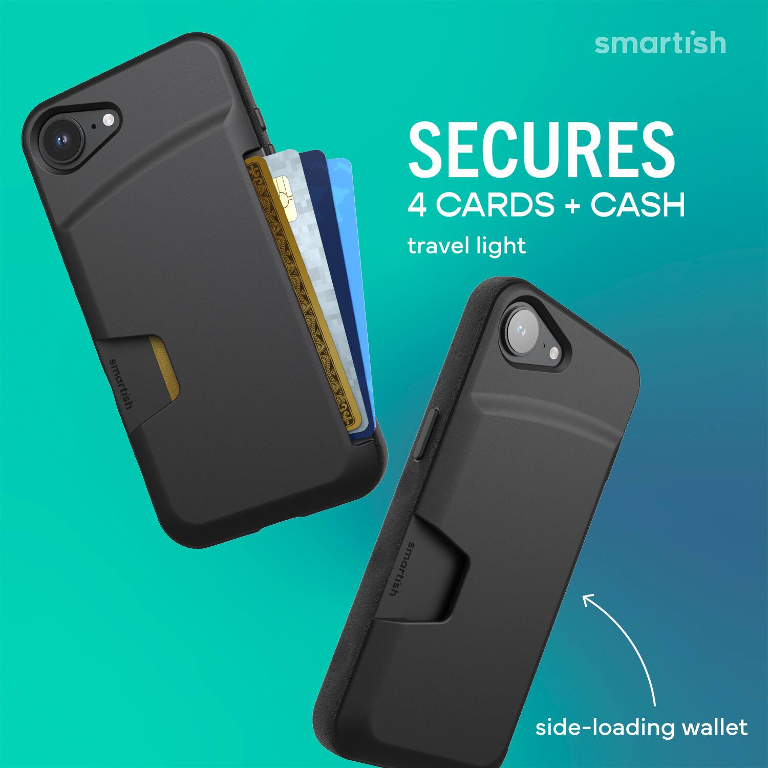 smartish SECURES 4 CARDS + CASH  
travel light  
smartish  
side-loading wallet