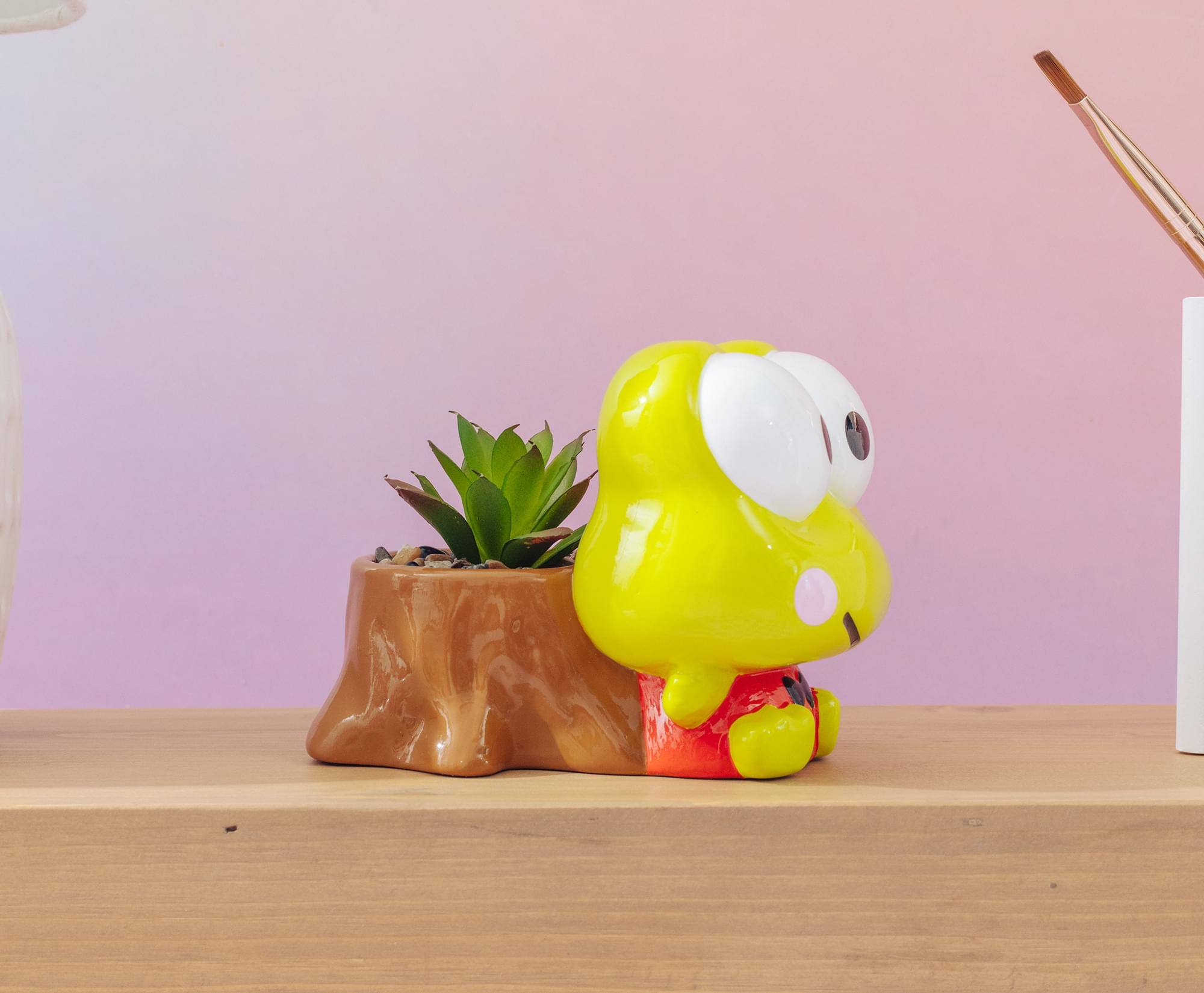 Alt View 5. Silver Buffalo - Sanrio Keroppi Stump 4-Inch Ceramic Mini Planter With Artificial Succulent - Yellow.