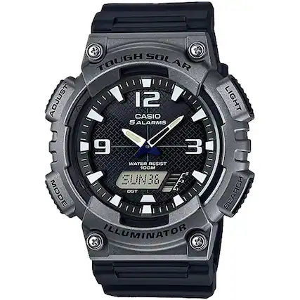 TOUGH SOLAR
CASIO
5 ALARMS
WATER RESIST 100M
SUN& DST MODE
ILLUMINATOR LIGHT SEARCH
ADJUST
LIGHT
SEARCH
MODE