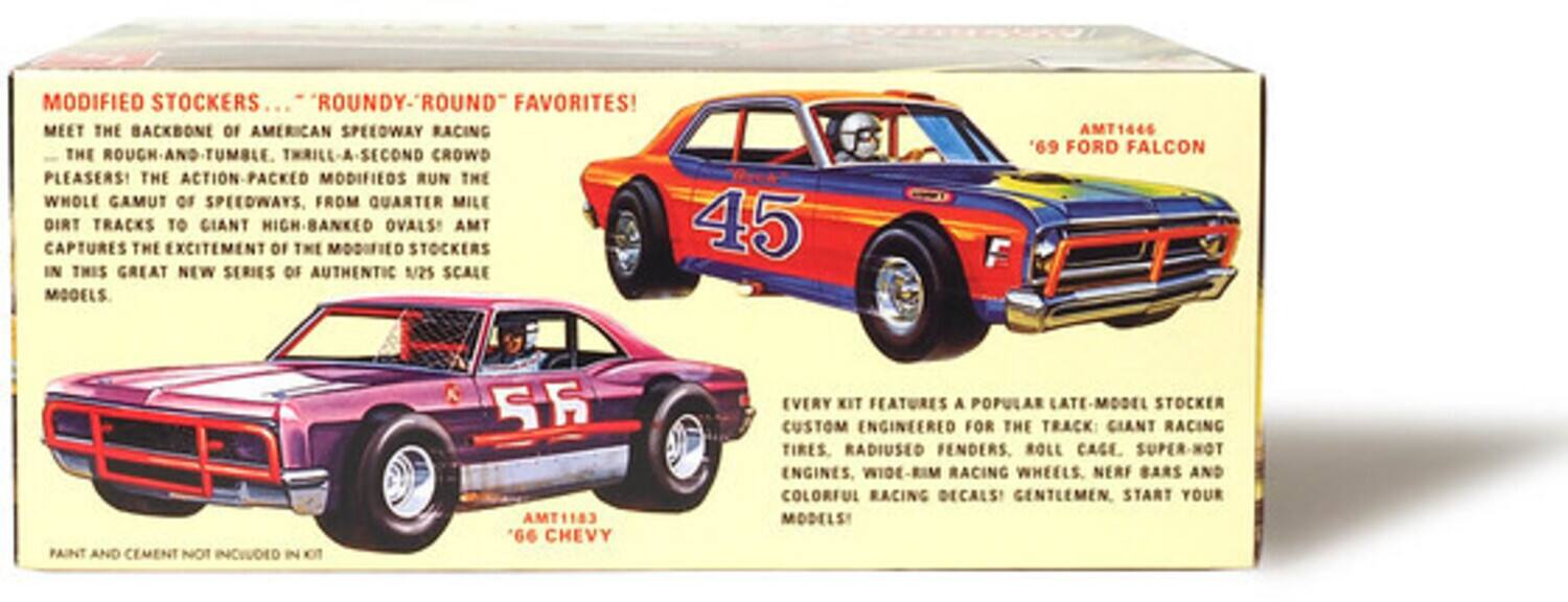 MODIFIED STOCKERS... "ROUNDY-ROUND" FAVORITES!  
MEET THE BACKBONE OF AMERICAN SPEEDWAY RACING  
THE ROUGH-AND-TUMBLE, THRILL-A-SECOND CROWD PLEASERS!  
THE ACTION-PACKED MODIFIEDS RUN THE WHOLE GAMUT OF SPEEDWAYS, FROM QUARTER MILE DIRT TRACKS TO GIANT HIGH-BANKED OVALS!  
AMT CAPTURES THE EXCITEMENT OF THE MODIFIED STOCKERS IN THIS GREAT NEW SERIES OF AUTHENTIC 1/25 SCALE MODELS.  

PAINT AND CEMENT NOT INCLUDED IN KIT  

AMT1446 '69 FORD FALCON  
AMT1183 '66 CHEVY  

EVERY KIT FEATURES A POPULAR LATE-MODEL STOCKER CUSTOM ENGINEERED FOR THE TRACK! GIANT RACING TIRES, RADIUSED FENDERS, ROLL CAGE, SUPER-HOT ENGINES, WIDE-RIM RACING WHEELS, NERF BARS AND COLORFUL RACING DECALS!  
GENTLEMEN, START YOUR MODELS!