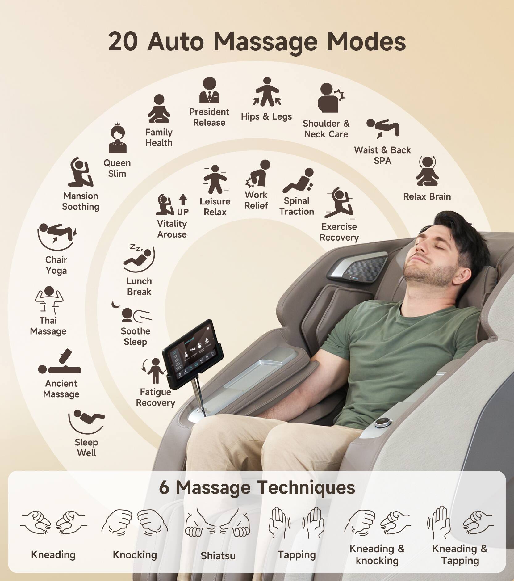 20 Auto Massage Modes

- President
- Hips & Legs
- Shoulder & Neck Care
- Waist & Back SPA
- Relax Brain
- Family Health
- Work Relief
- Spinal Traction
- Exercise Recovery
- Queen Slim
- Mansion Soothing
- Leisure Relax
- Vitality Arouse
- Chair Yoga
- Lunch Break
- Thai Massage
- Soothe Sleep
- Ancient Massage
- Fatigue Recovery
- Sleep Well

6 Massage Techniques

- Kneading
- Knocking
- Shiatsu
- Tapping
- Kneading & Knocking
- Kneading & Tapping