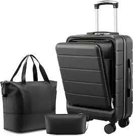 LUGGEX - 3 Piece Sets Carry On Luggage Airline Approved with Front Pocket for Laptop and Tote Bag - LX-FX - Black