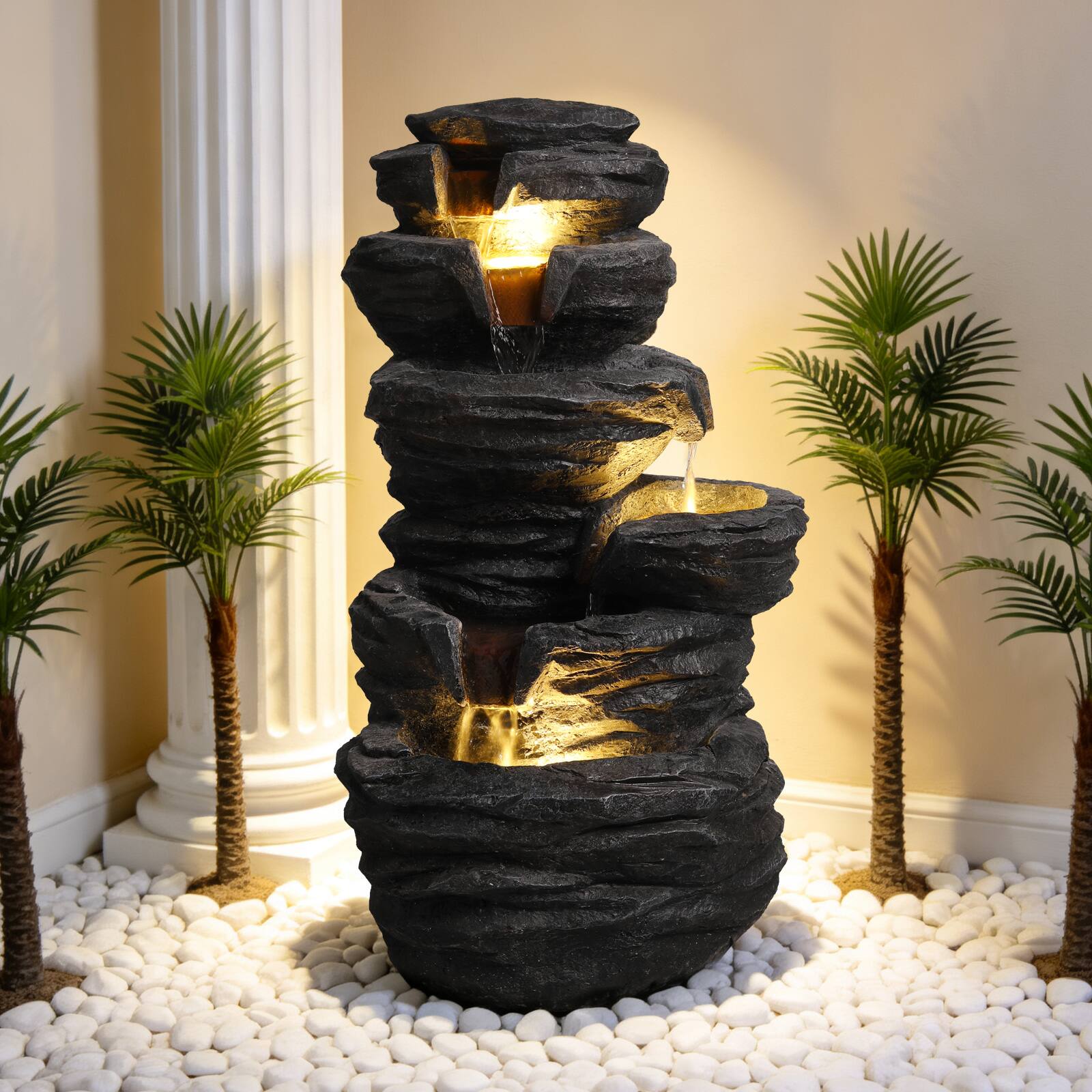 Angle. Anysun - Outdoor Rock Water Fountain with Lights – Multi-Tier Cascading Waterfall Resin Garden Fountain for Yard, Landscape - Black.