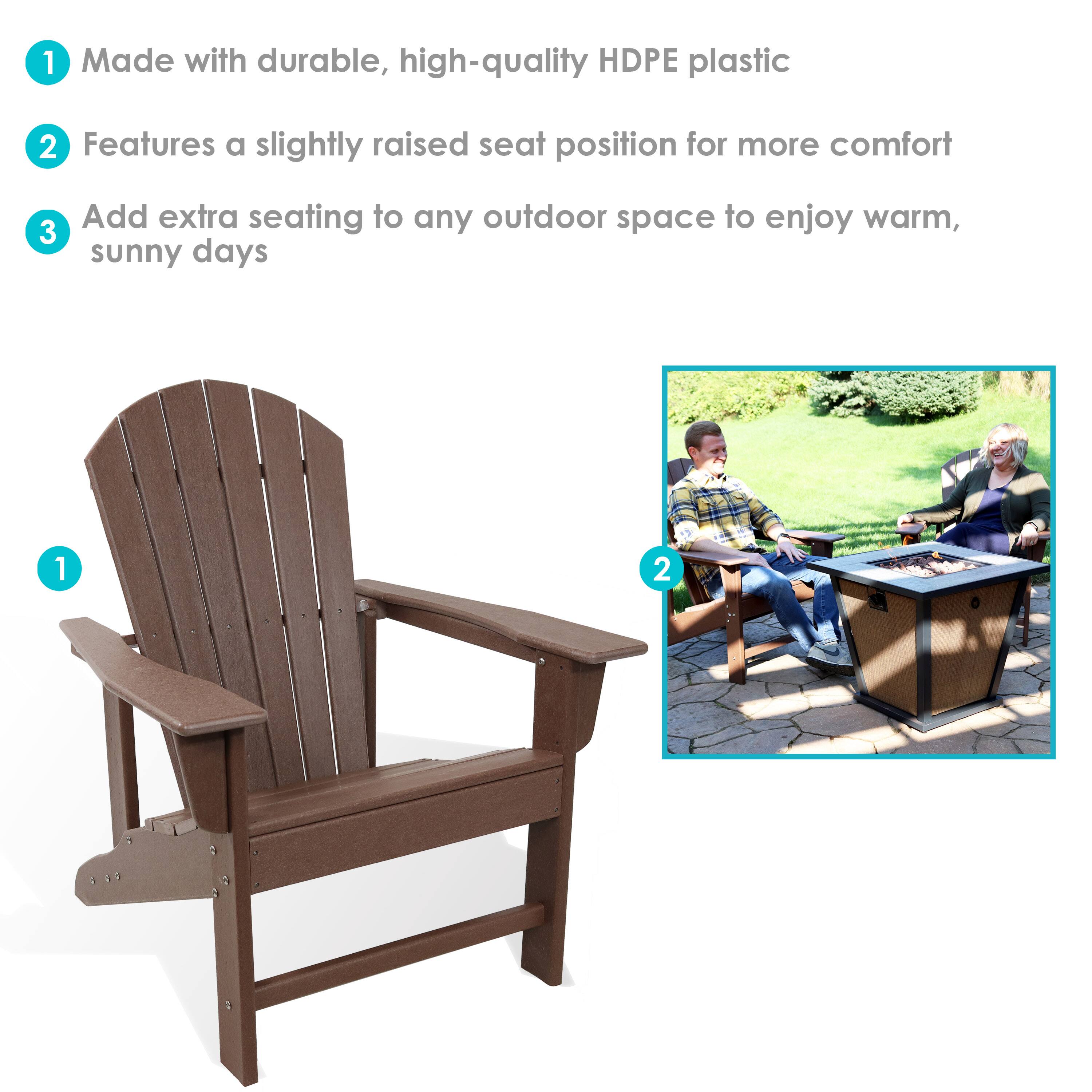 1. Made with durable, high-quality HDPE plastic  
2. Features a slightly raised seat position for more comfort  
3. Add extra seating to any outdoor space to enjoy warm, sunny days