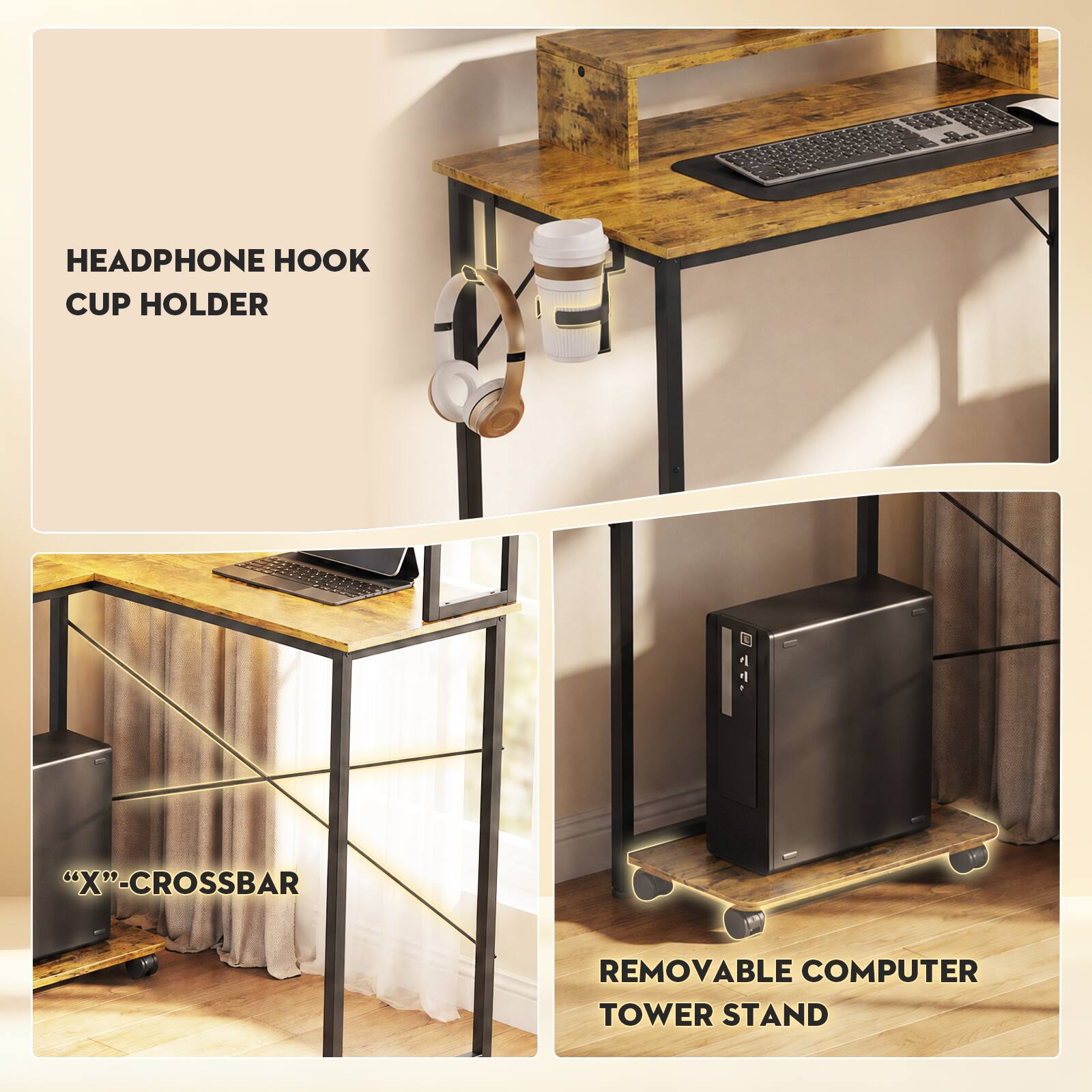 HEADPHONE HOOK CUP HOLDER

"X"-CROSSBAR

REMOVABLE COMPUTER TOWER STAND