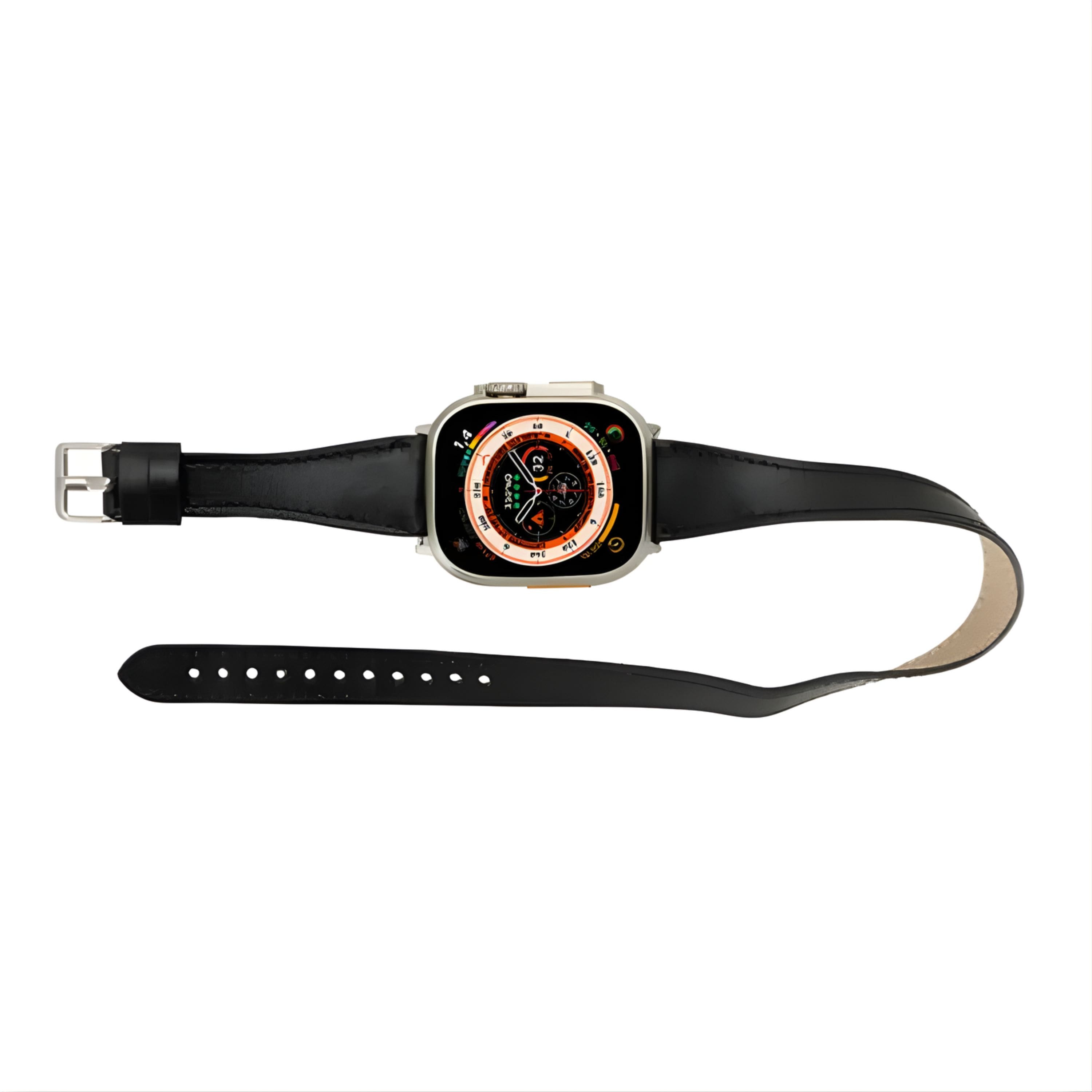 Kitcheniva - Premium Double Tour Leather Bands For Apple Watch Series 9 Ultra 2 And SE 45mm - Black