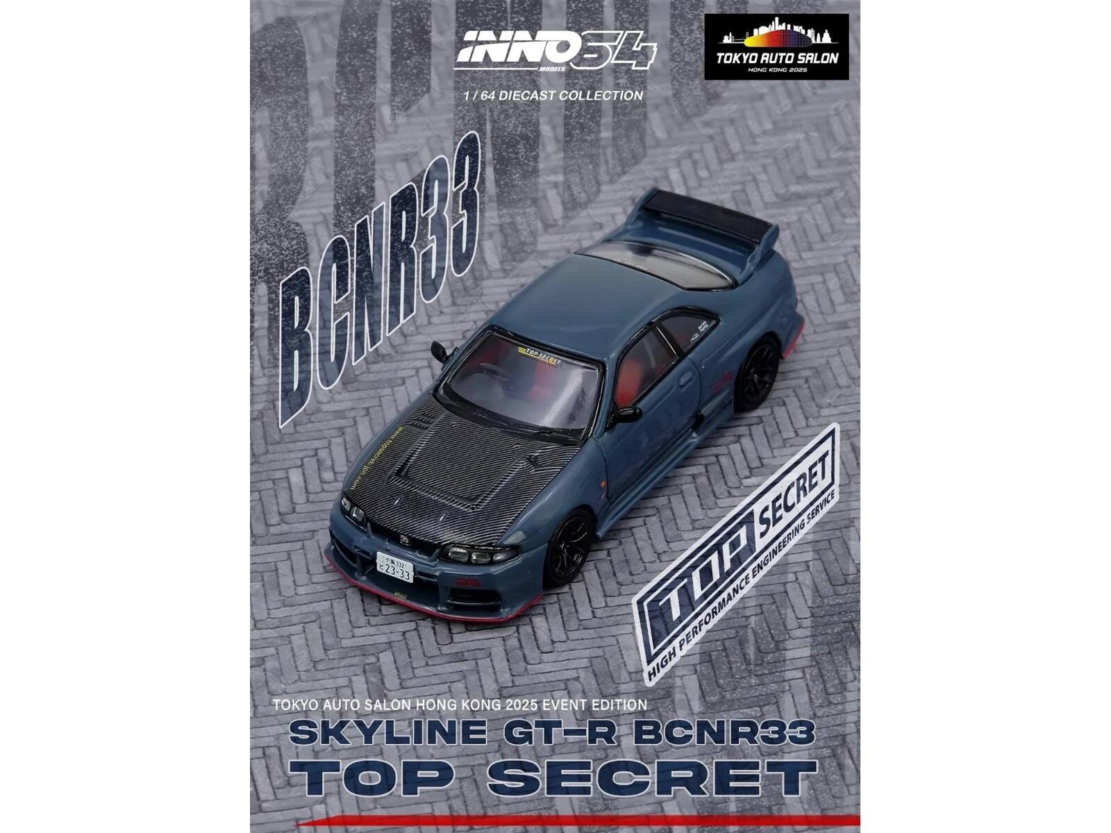 INNO34 TOKYO AUTO SALON MOS ELA - 1/764 DIECAST COLLECTION BEARBE SECRET SERVICE 23-33 TOP ENGINEERING PERFORMANCE HIGH TOKYO AUTO SALON HONG KONG 2025 EVENT EDITION SKYLINE GT-R BCNR33 TOP SECRET