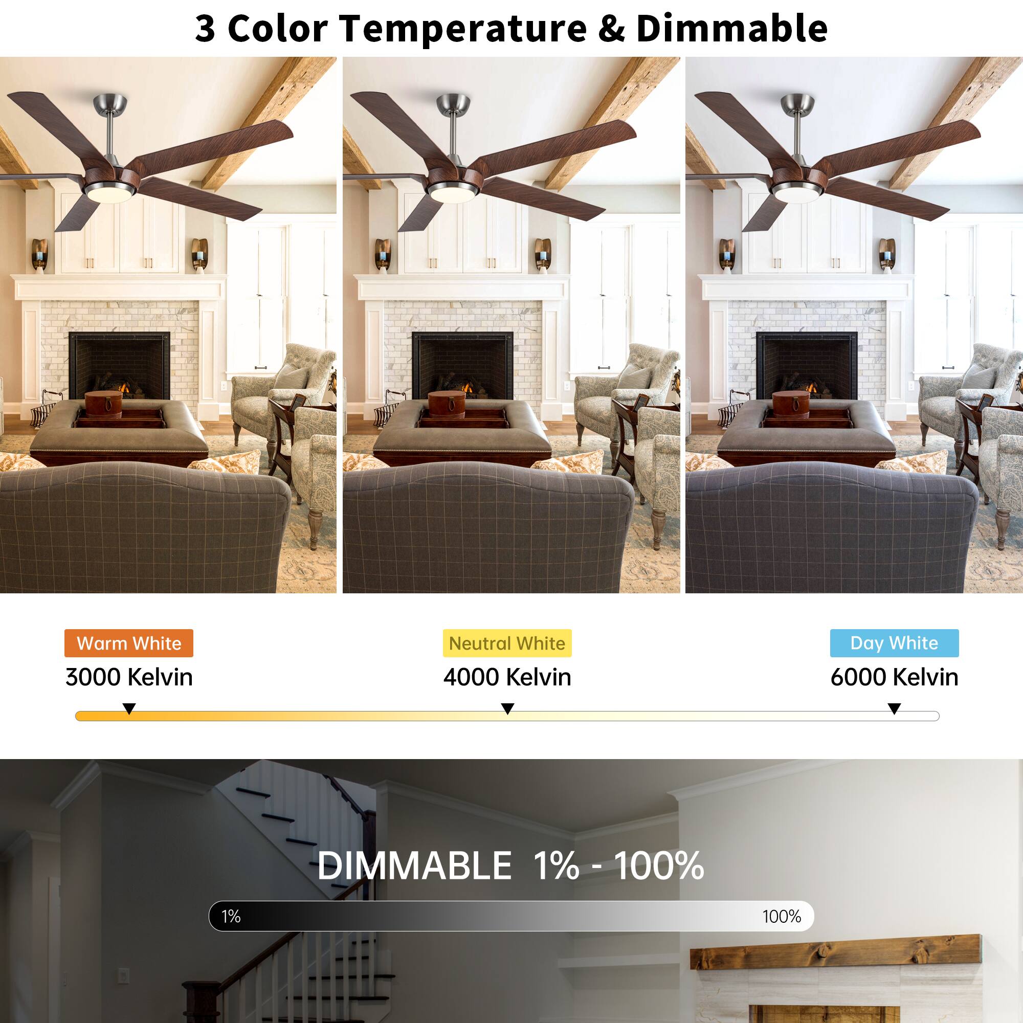 3 Color Temperature & Dimmable

Warm White  
3000 Kelvin

Neutral White  
4000 Kelvin

Day White  
6000 Kelvin

DIMMABLE  
1% - 100%