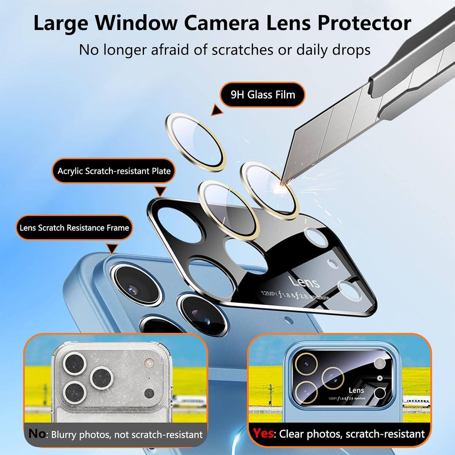 Large Window Camera Lens Protector  
No longer afraid of scratches or daily drops  

9H Glass Film  
Acrylic Scratch-resistant Plate  
Lens Scratch Resistance Frame  

No: Blurry photos, not scratch-resistant  
Yes: Clear photos, scratch-resistant