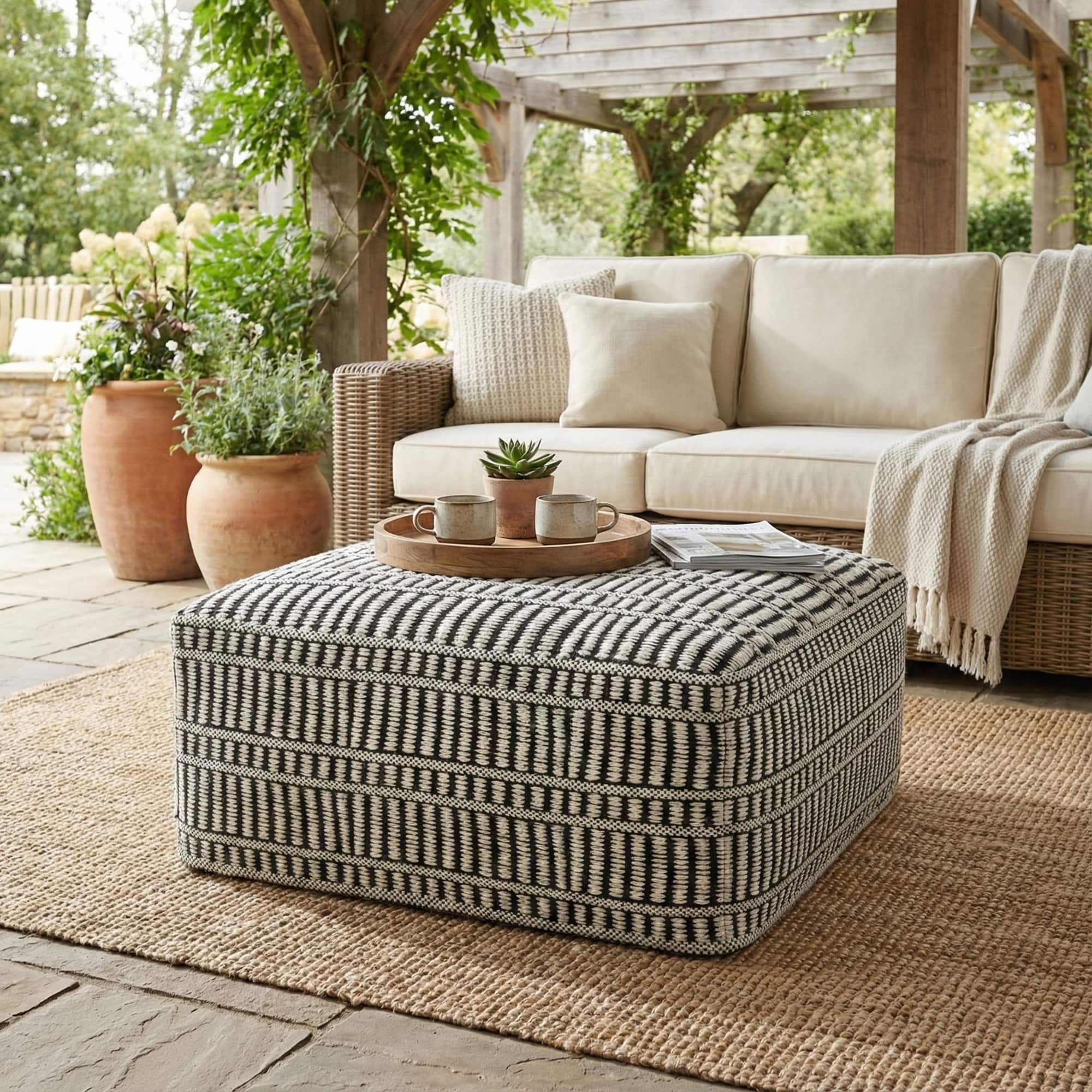 Simpli Home - Safford 20 inch Wide Woven Square Pouf Ottoman, Cream White and Deep Black - Cream White/Deep Black