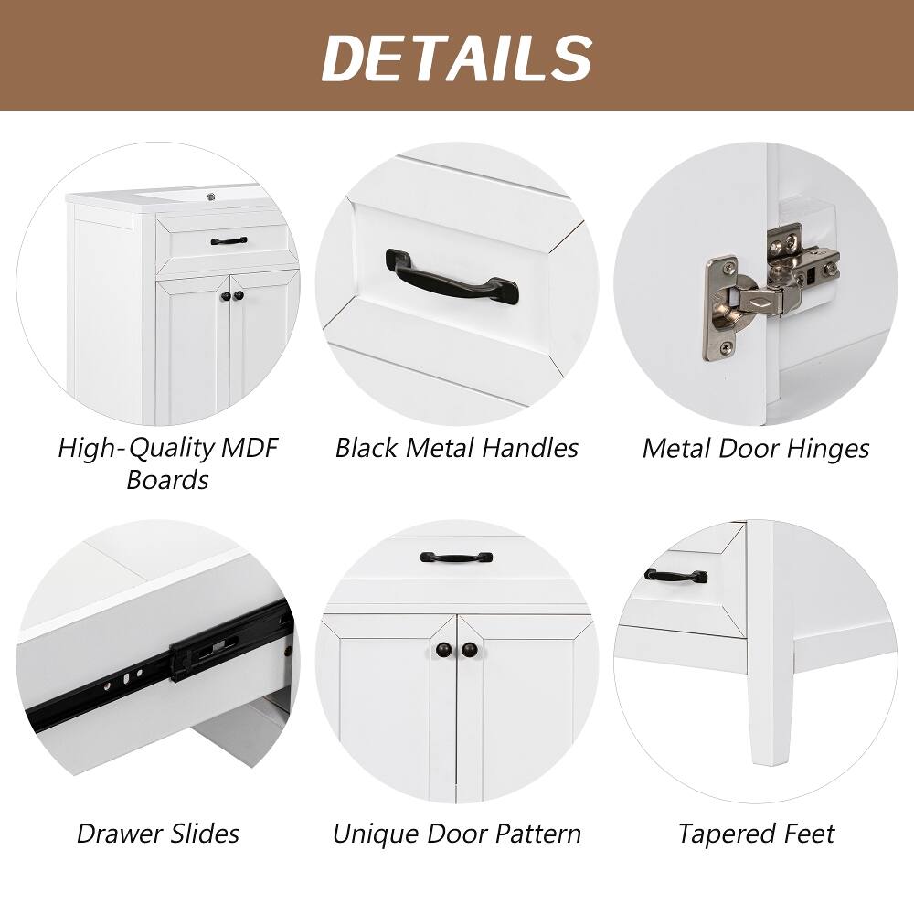 DETAILS

- High-Quality MDF Boards
- Black Metal Handles
- Metal Door Hinges
- Drawer Slides
- Unique Door Pattern
- Tapered Feet
