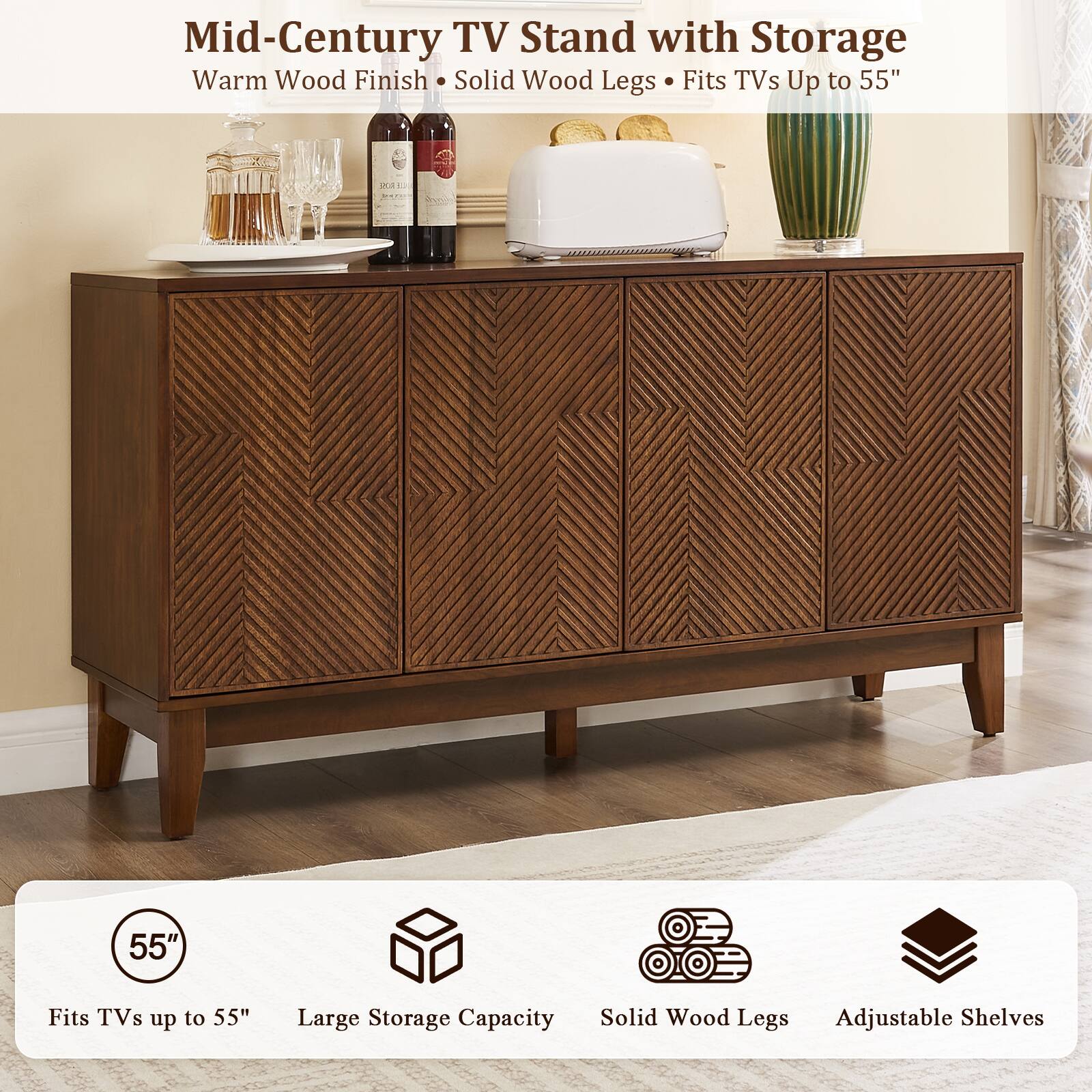 Mid-Century TV Stand with Storage  
Warm Wood Finish • Solid Wood Legs • Fits TVs Up to 55"  

Fits TVs up to 55"  
Large Storage Capacity  
Solid Wood Legs  
Adjustable Shelves