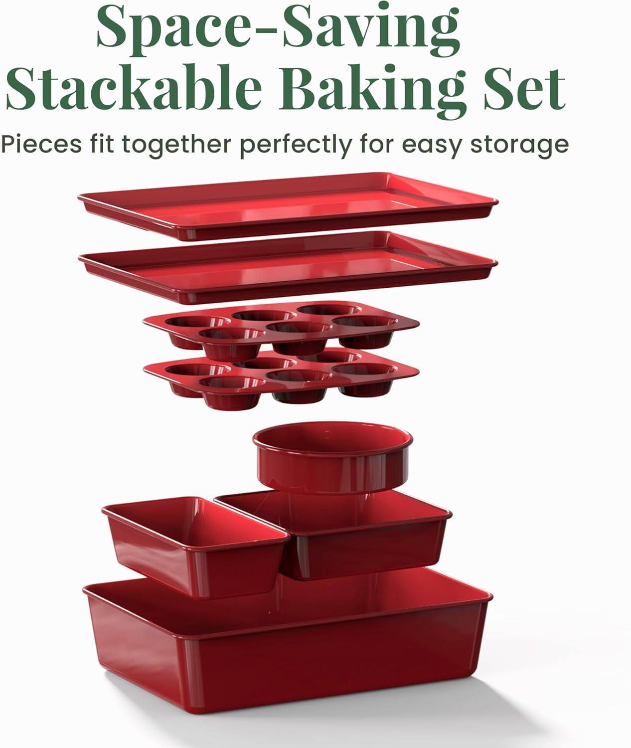 Space-Saving Stackable Baking Set  
Pieces fit together perfectly for easy storage
