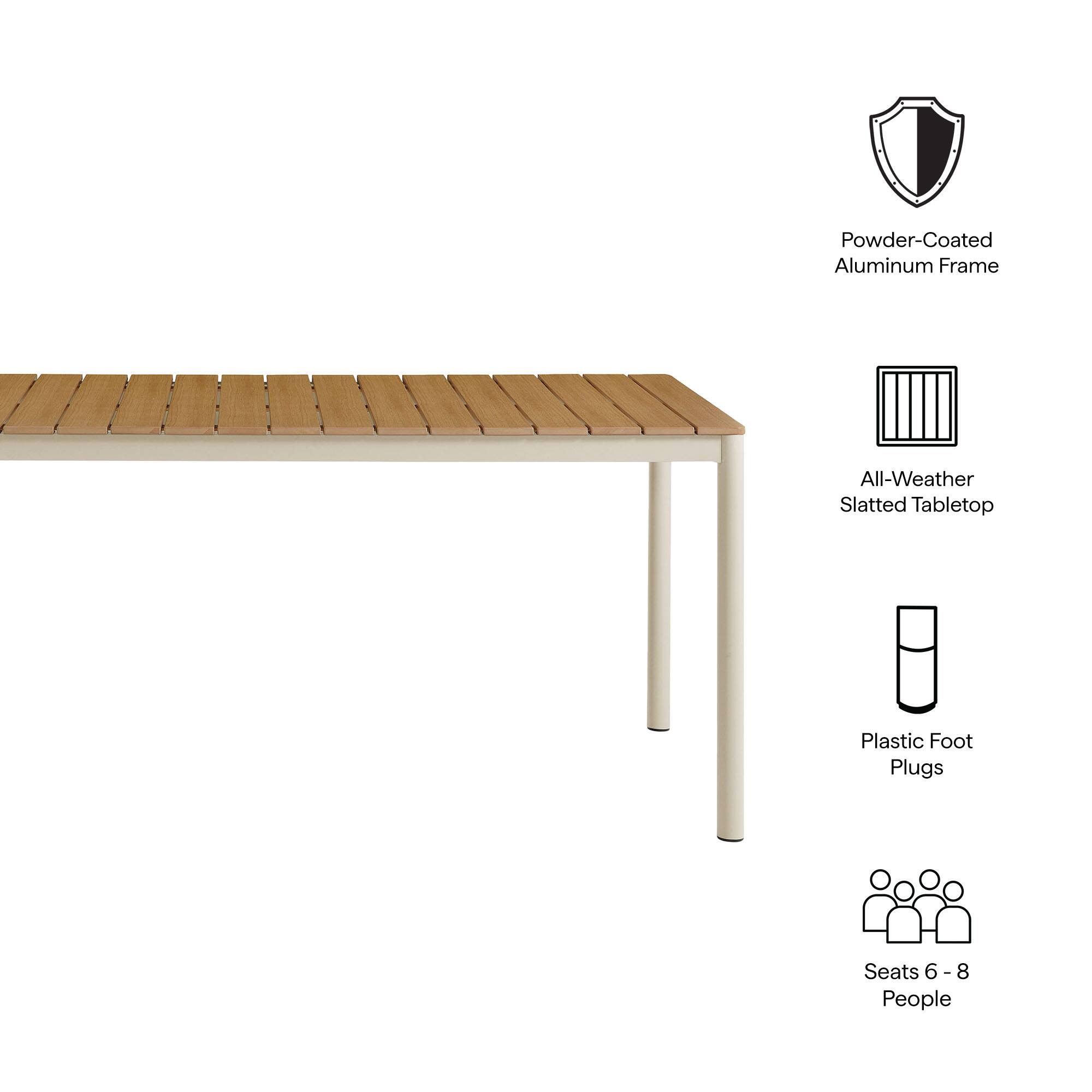 Powder-Coated Aluminum Frame  
All-Weather Slatted Tabletop  
Plastic Foot Plugs  
Seats 6-8 People