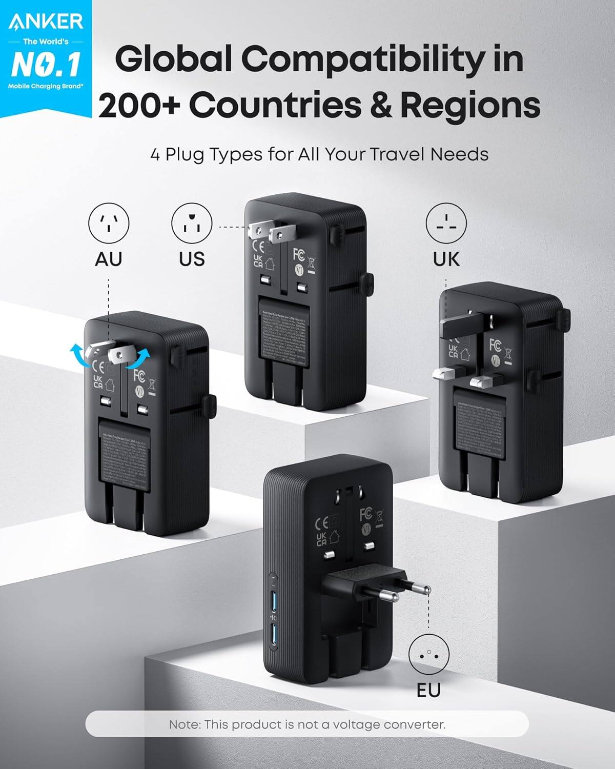 ANKER The World's NO.1 Global Compatibility in Mobile Charging Brand 200+ Countries & Regions 4 Plug Types for All Your Travel Needs AU US UK CA . FC CE  FC & EU Note: This product is not a voltage converter.