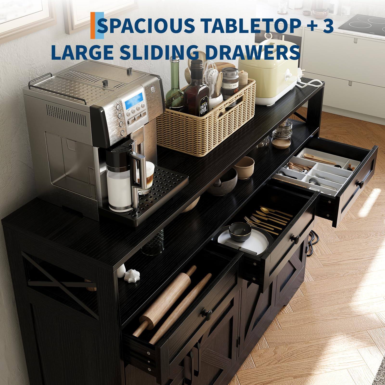 SPACIOUS TABLETOP + 3 LARGE SLIDING DRAWERS