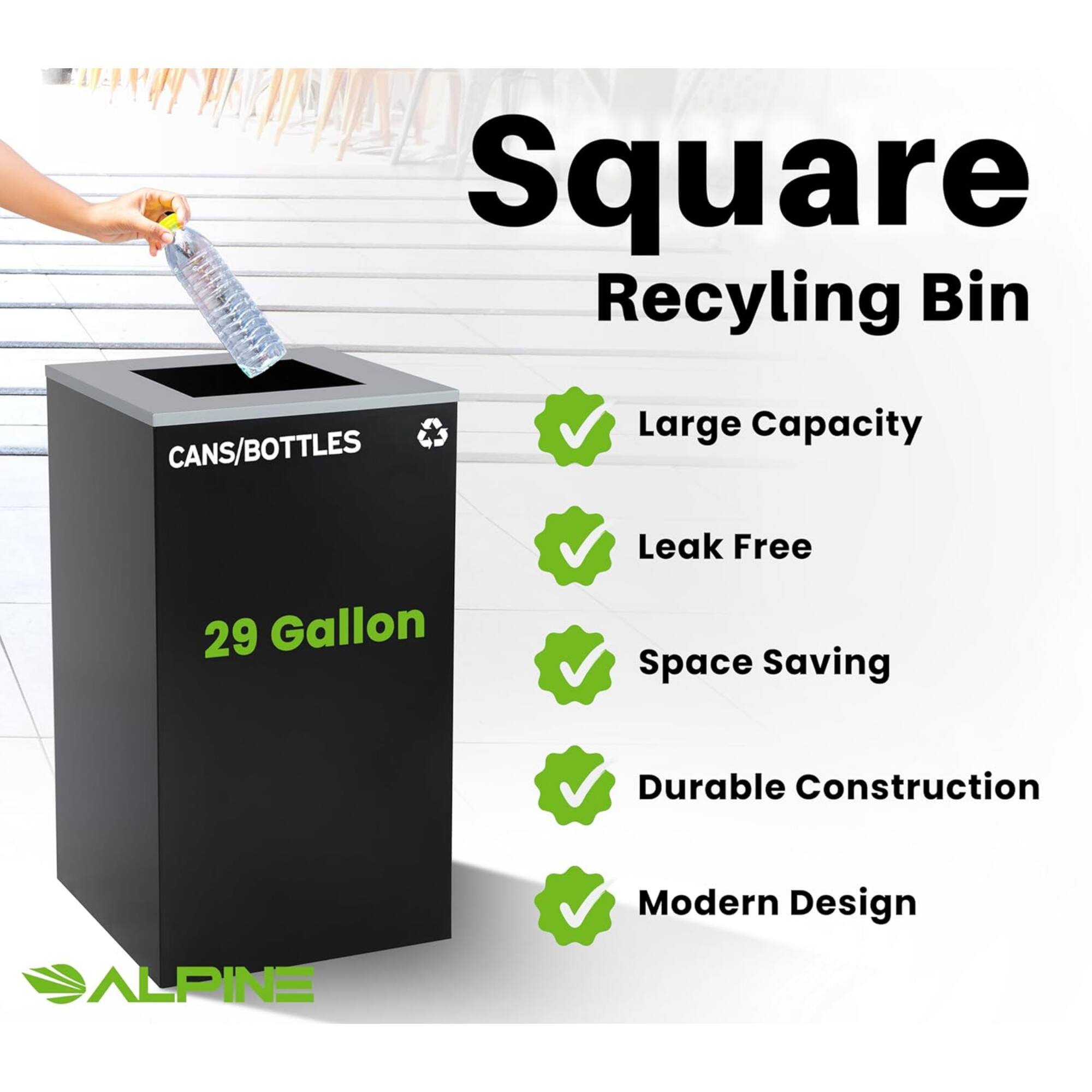 Square Recycling Bin CANS/BOTTLES Large Capacity 29 Gallon Leak Free Space Saving Durable Construction Modern Design ALPINE