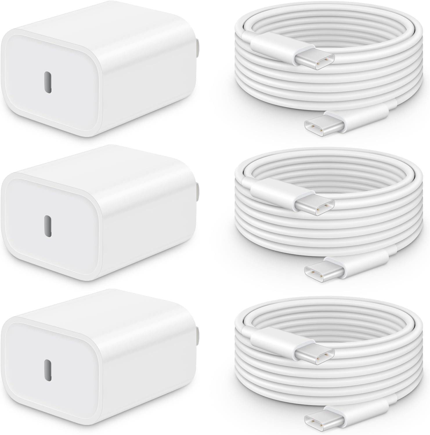 Front. Core Tech - 3-Pack 20W USB-C Fast Wall Chargers with 6 ft USB-C to USB-C Cables for iPhone 18/17/16/15 - White - White.