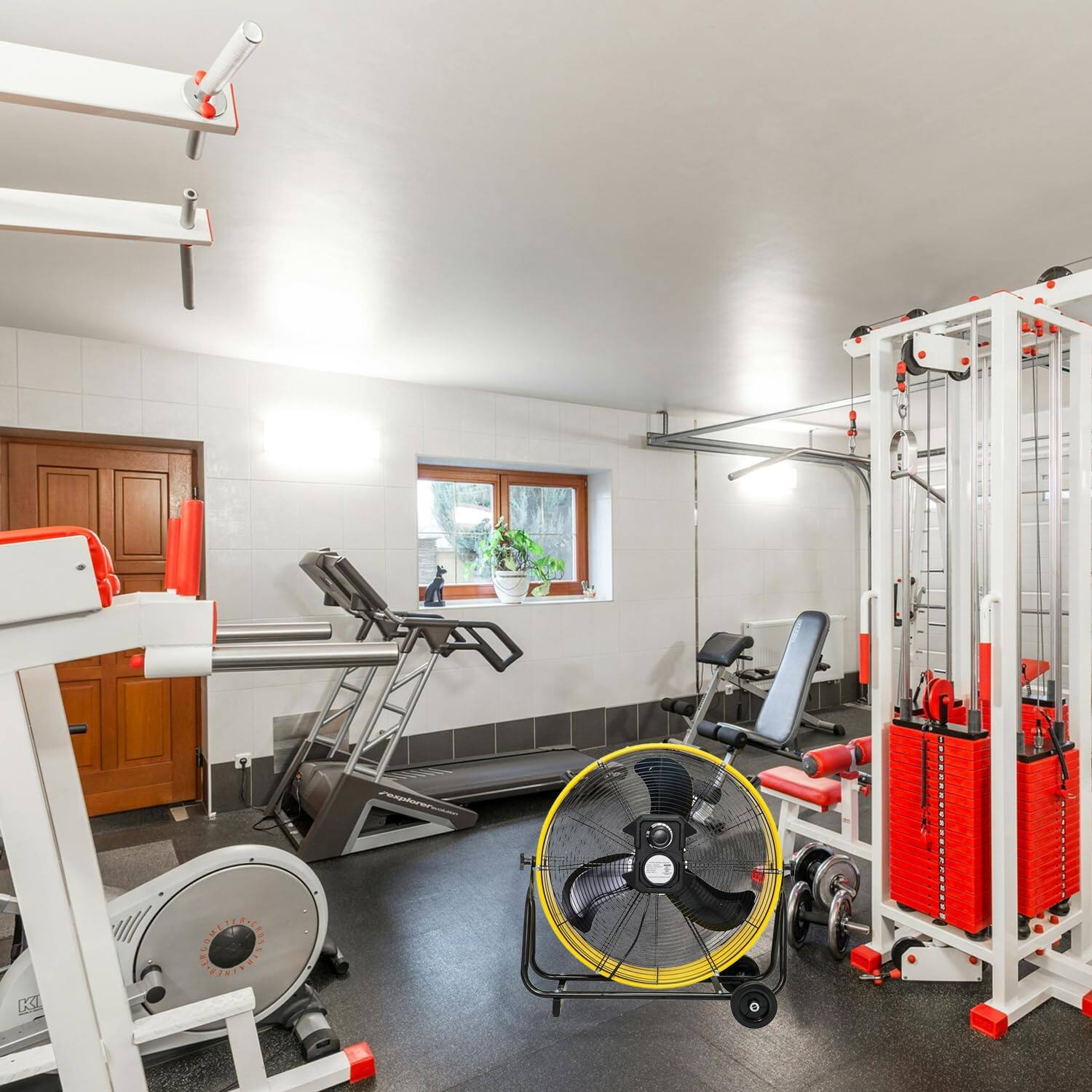 Left. Akoasm - 24" BLDC Drum Fan, 8800 CFM High Velocity, Variable Speed DC Motor, Ultra-Quiet 45dB, OSHA Grille, 180° Tilt.