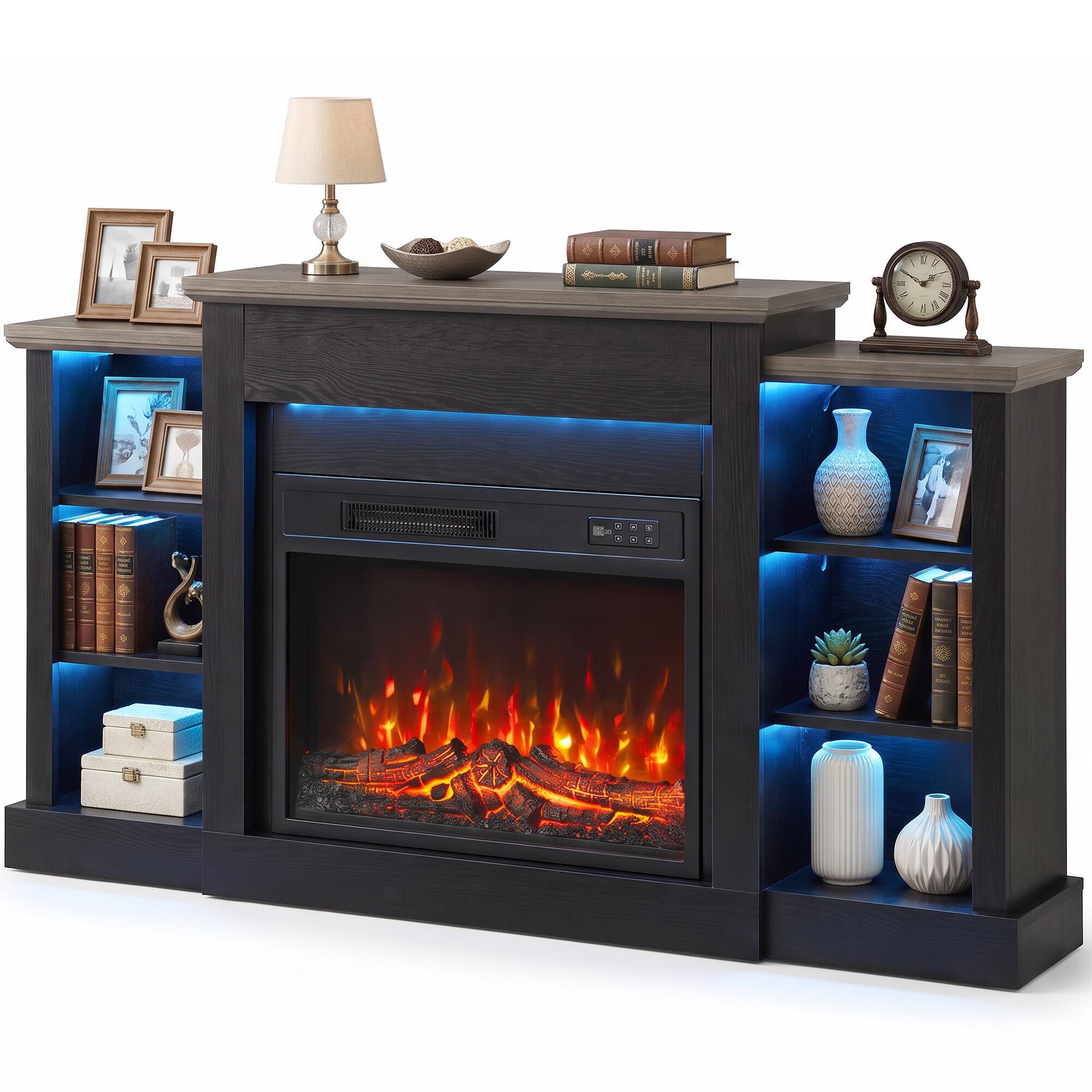 Front. Homcom - Fireplace TV Stand for TVs up to 65", Entertainment Center TV Console, RGB LED Strips, 6 Shelves - Black.