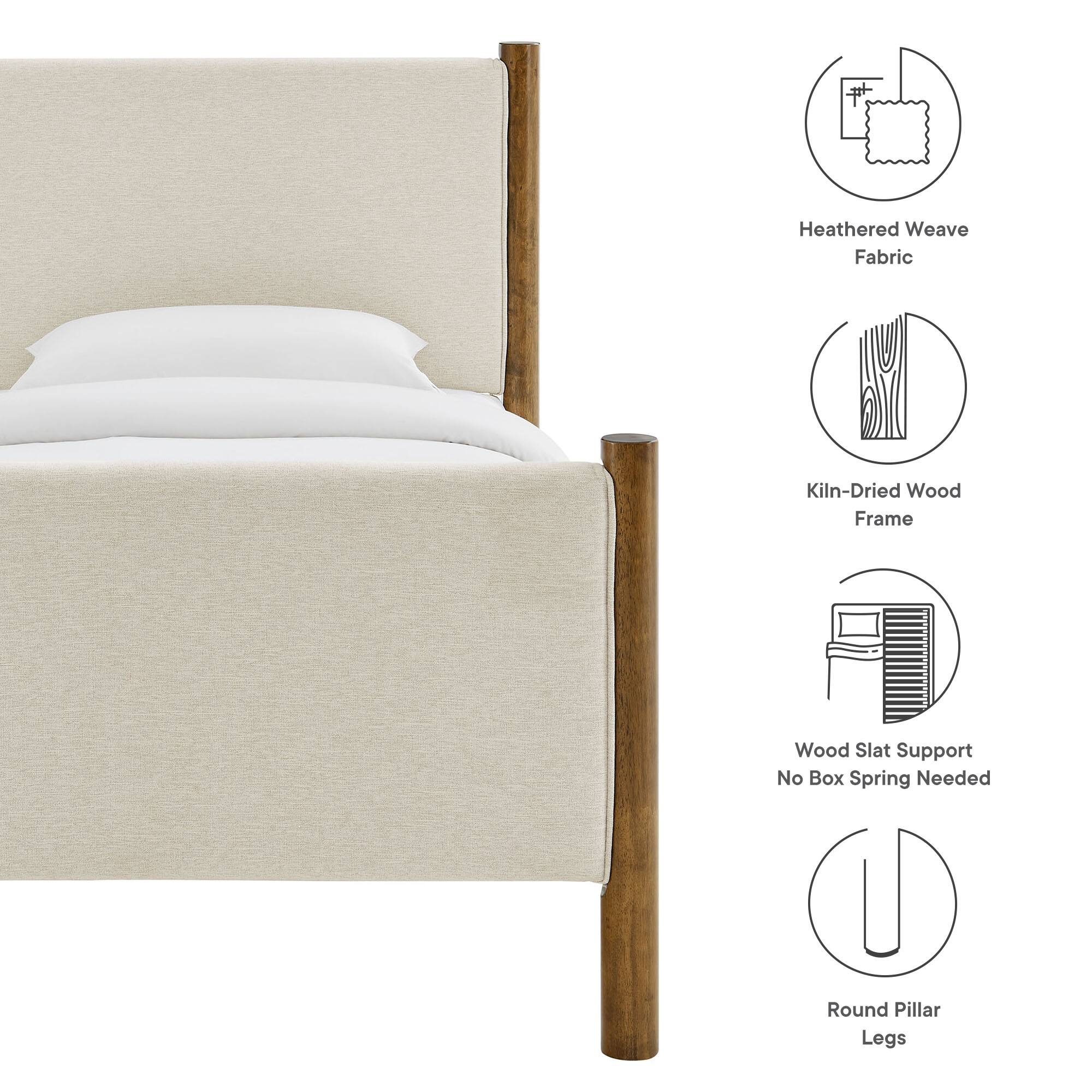 - Heathered Weave Fabric
- Kiln-Dried Wood Frame
- Wood Slat Support No Box Spring Needed
- Round Pillar Legs