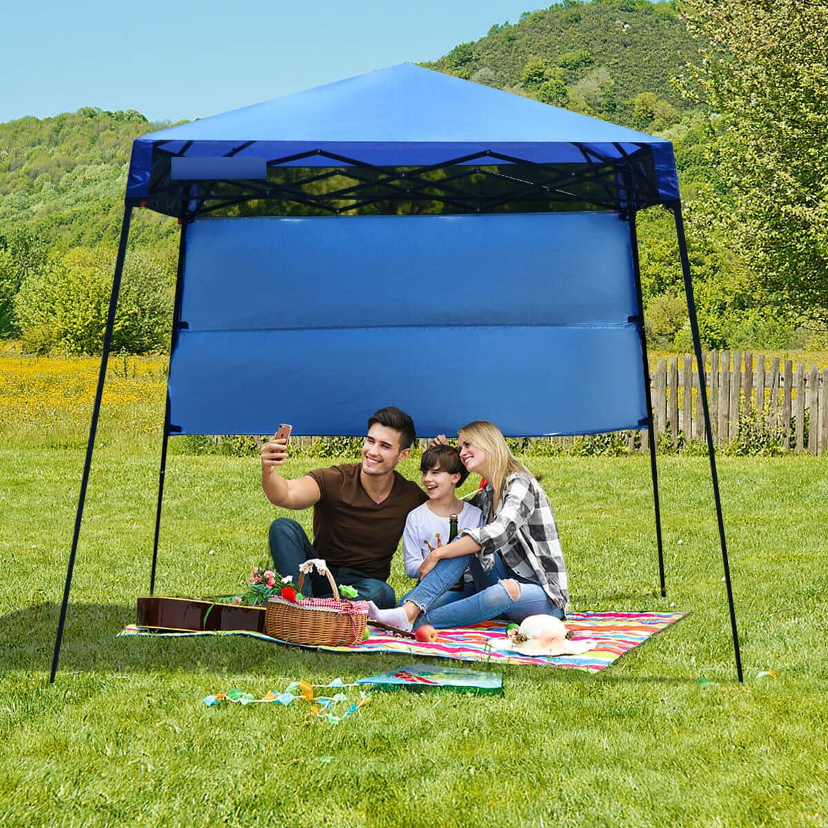 Gymax - 7x7 FT Slant Leg Pop-up Canopy Tent Shelter Adjustable Portable Carry Bag - Blue