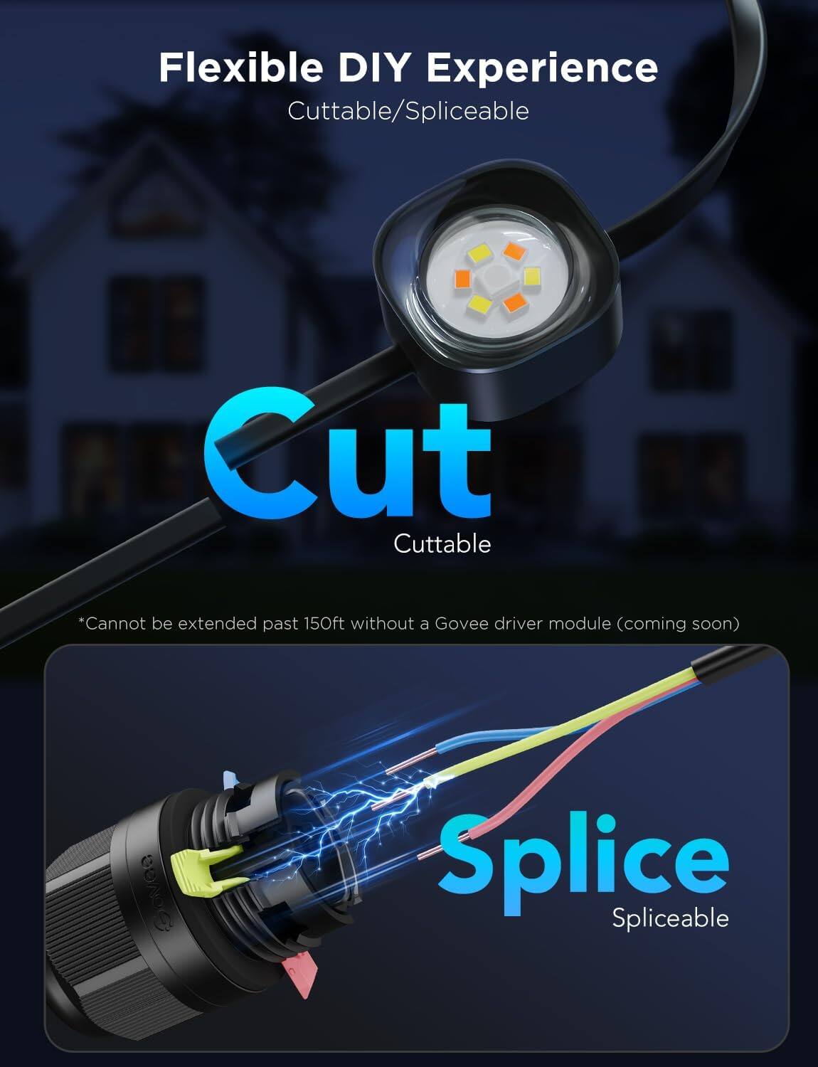 Flexible DIY Experience  
Cutttable/Spliceable  

Cut  
Cutttable  

*Cannot be extended past 150ft without a Govee driver module (coming soon)  

Splice  
Spliceable