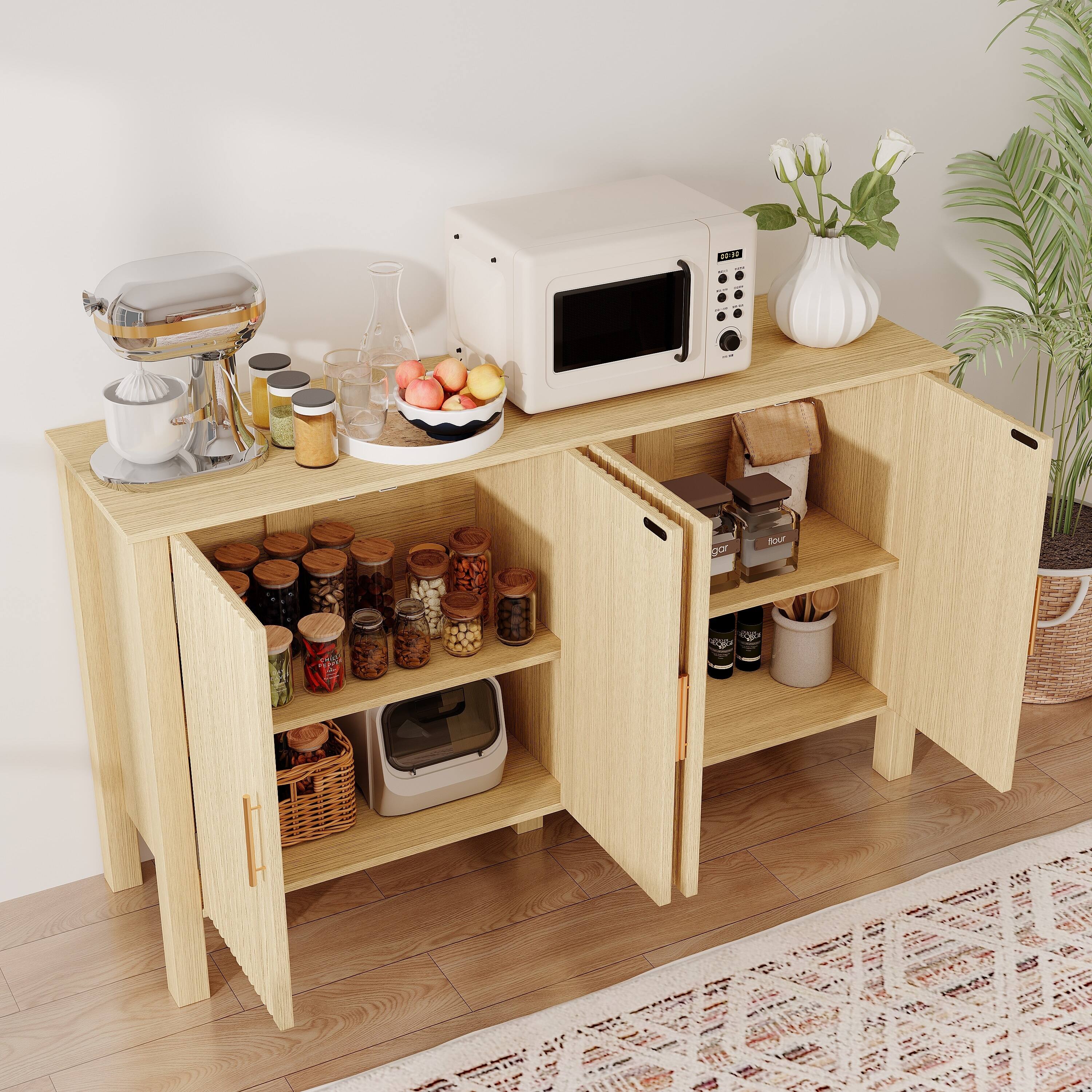 Alt View 4. U-HOMY - Modern Fluted Sideboard Buffet Cabinet with Adjustable Shelves, Solid Wood Storage Console for Living or Dining Room - Wood Color.