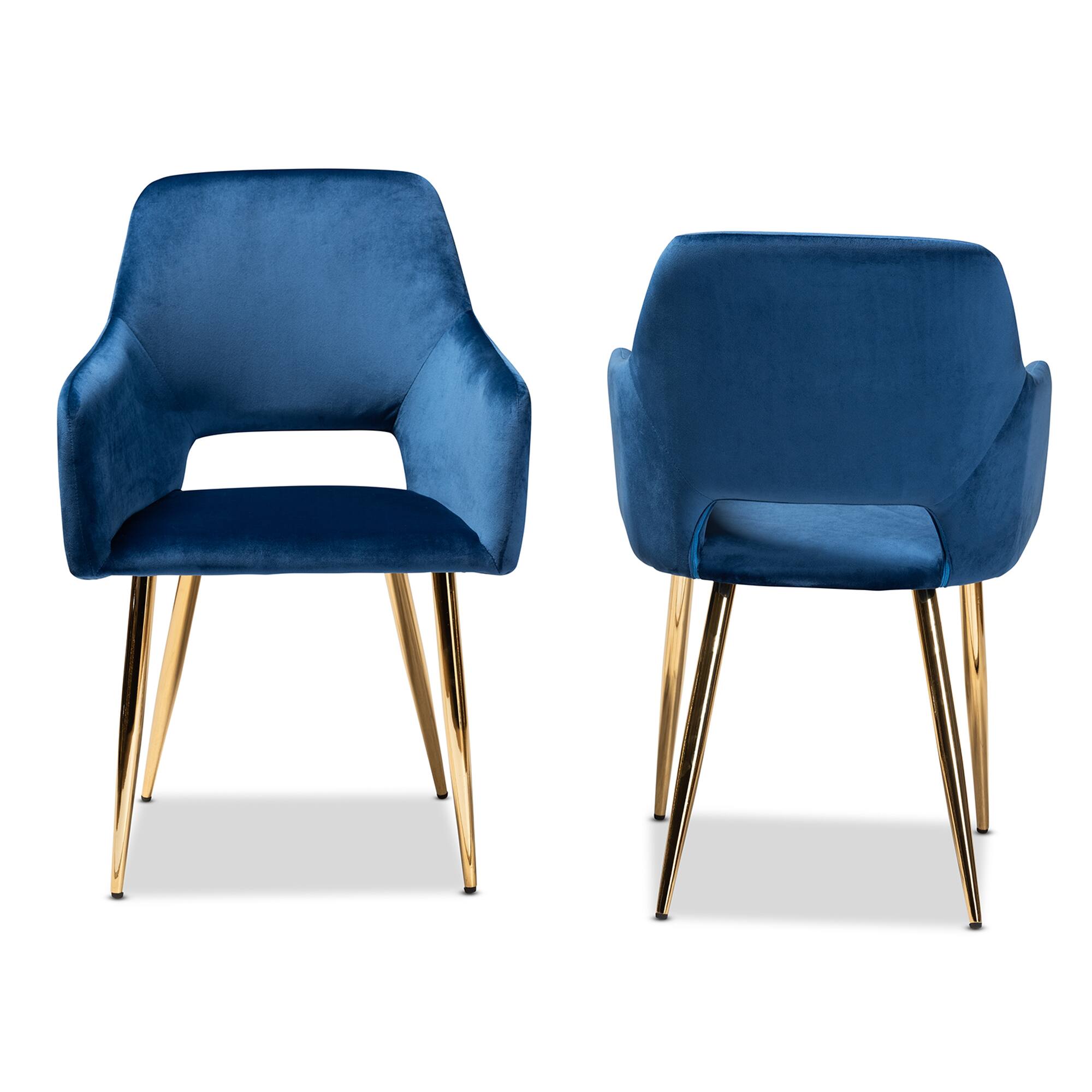 Angle. Baxton Studio - Germaine Glam and Luxe Velvet Fabric Upholstered Gold Finished 2-Piece Metal Dining Chair Set - Navy Blue/Gold.