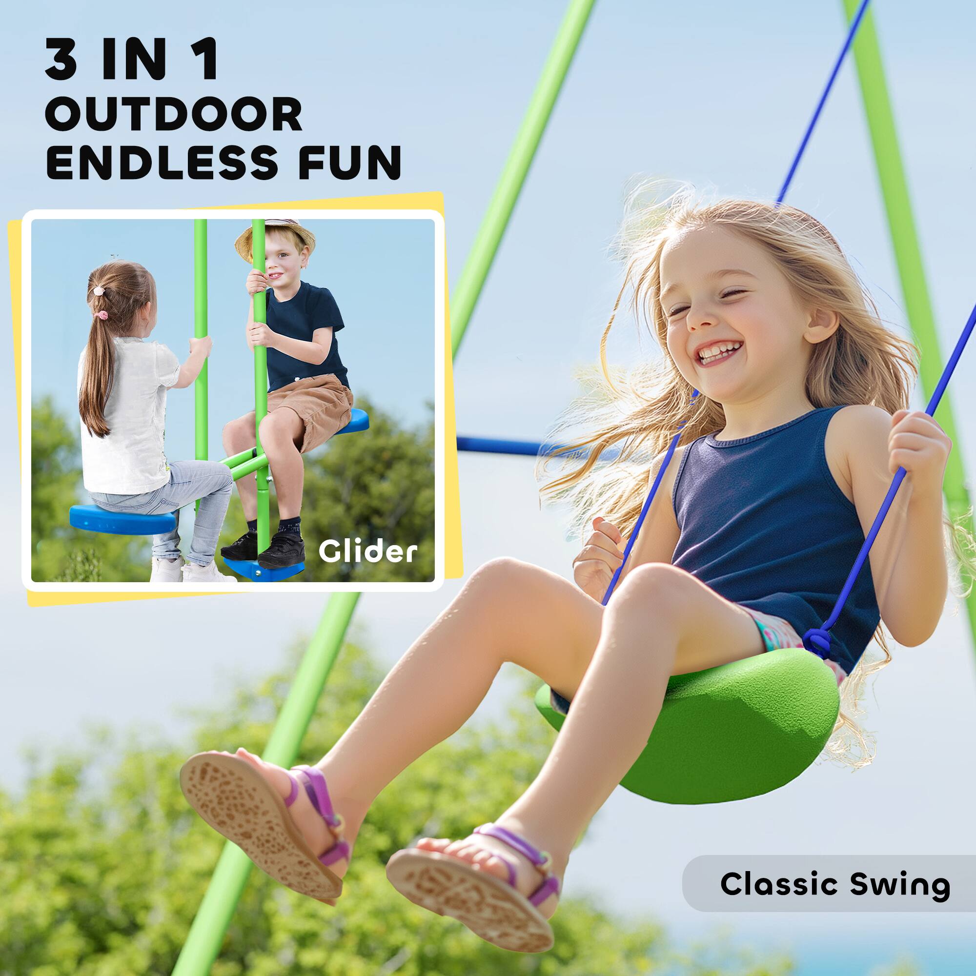 3 IN 1  
OUTDOOR  
ENDLESS FUN  

Clider  

Classic Swing