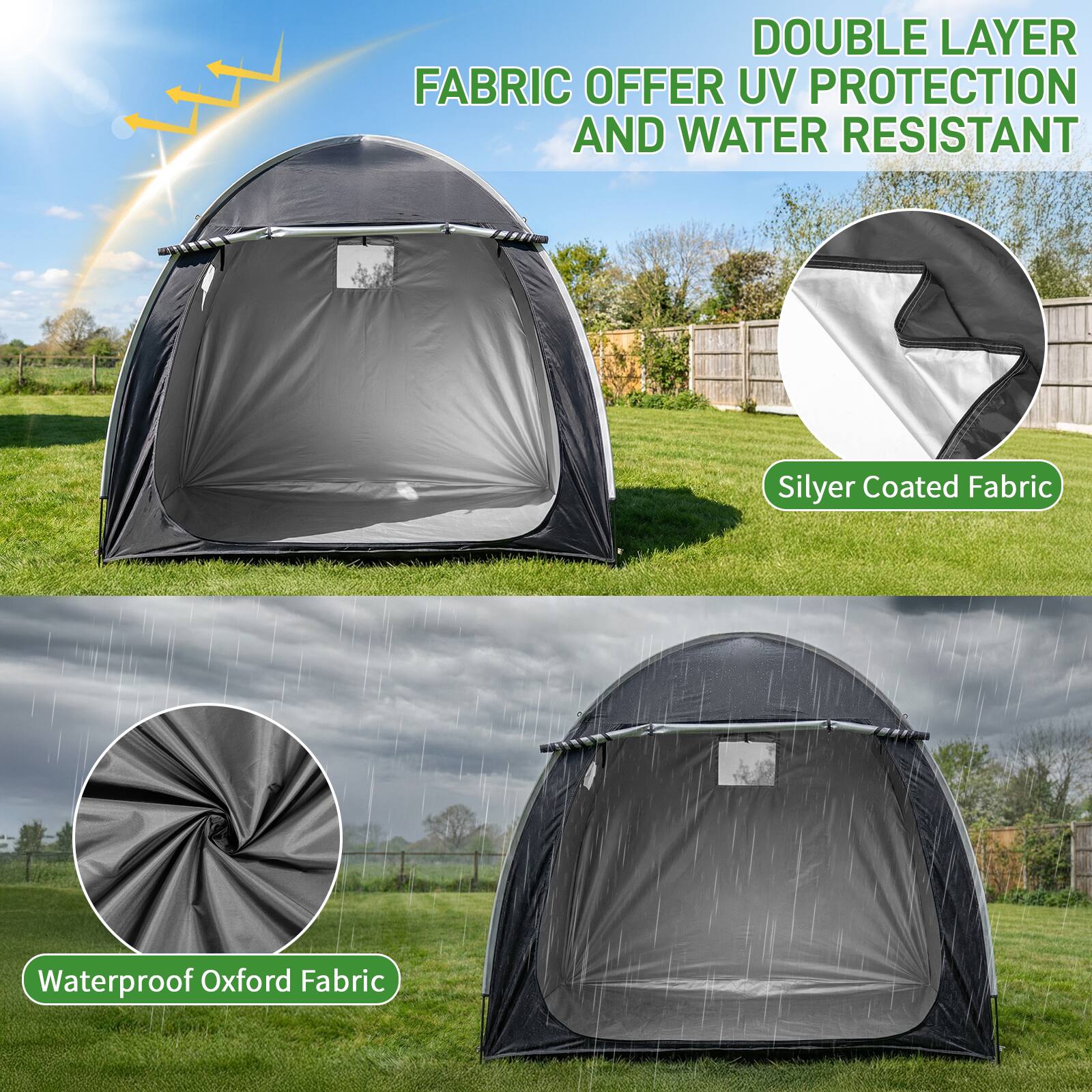 DOUBLE LAYER FABRIC OFFER UV PROTECTION AND WATER RESISTANT  
Silyer Coated Fabric  
Waterproof Oxford Fabric