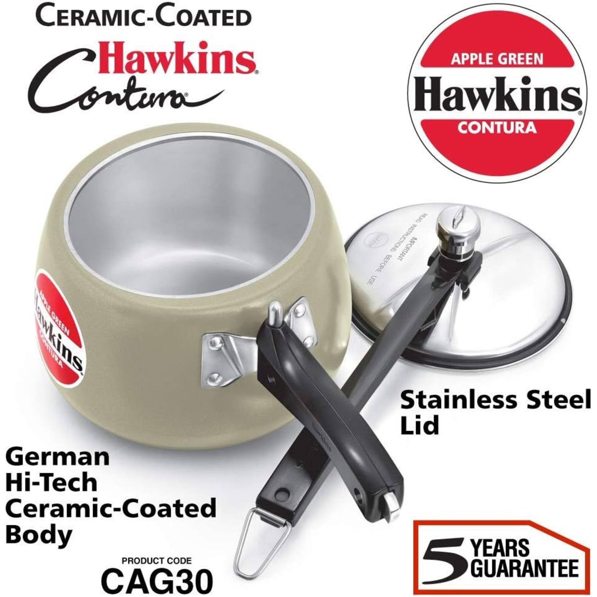 CERAMIC-COATED Hawkins Contura  
APPLE GREEN Hawkins CONTURA  
German Hi-Tech Ceramic-Coated Body  
PRODUCT CODE CAG30  
Stainless Steel Lid  
5 YEARS GUARANTEE