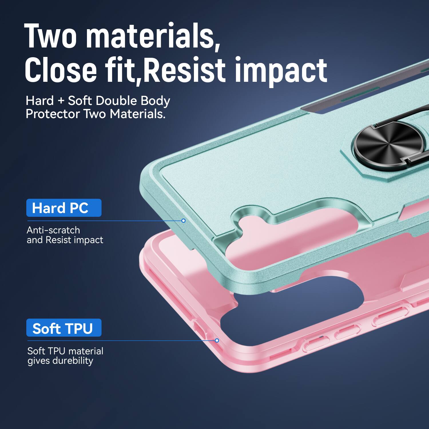 Two materials, Close fit, Resist impact  
Hard + Soft Double Body Protector Two Materials.  
Hard PC Anti-scratch and Resist impact  
Soft TPU Soft TPU material gives durability