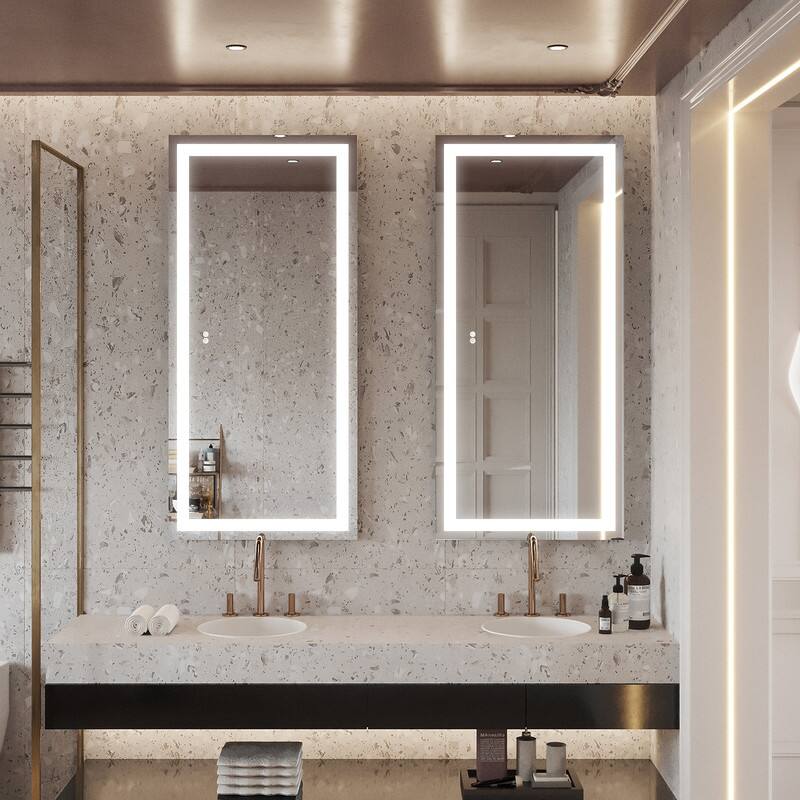Left. WELLFOR - 60 in W x28 in H Rectangular Frameless Anti-Fog LED Bathroom Vanity Mirror, Wall Mounted Mirror with Memory Function - Silver.