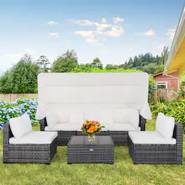 Costway - 6-Piece Outdoor Patio Furniture Set Retractable Canopy Conversation Set - Mix Grey/Off White