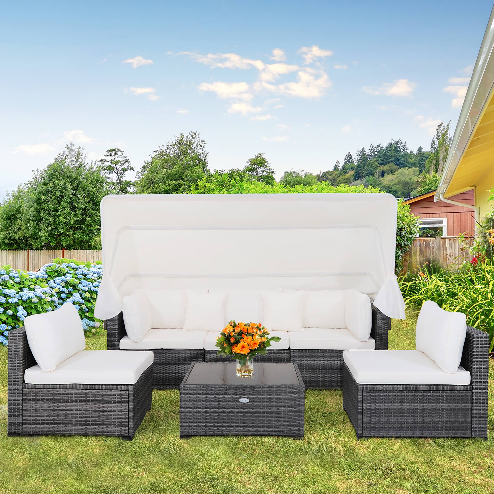 Alt View 1. Costway - Costway 6-Piece Outdoor Patio Furniture Set Retractable Canopy Conversation Set - Mix Grey/Off White.