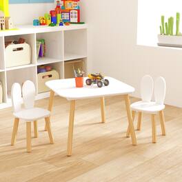 Tiramisubest - Kids Table with 2 Chairs,3-Piece Rabbit Themed Toddler Table and Chair Set,Children Wooden Activity Play Table Set - White